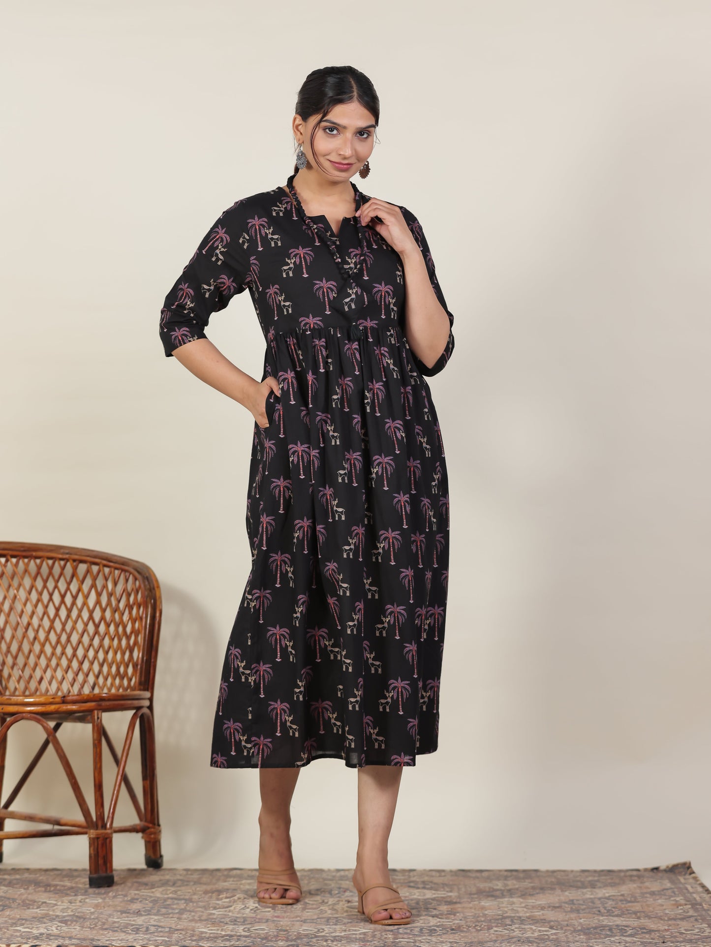 Soft Cotton Animal Gathered Black Dress