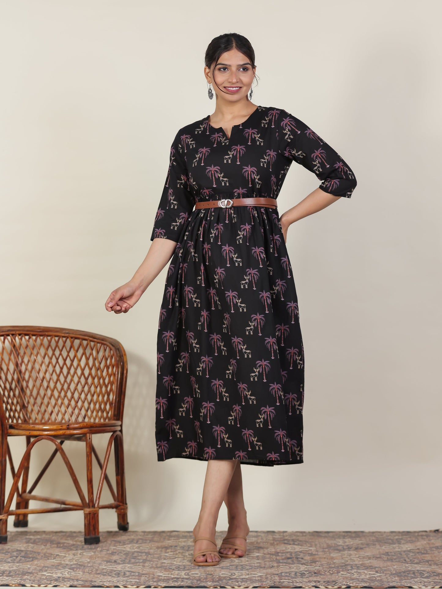 Soft Cotton Animal Gathered Black Dress