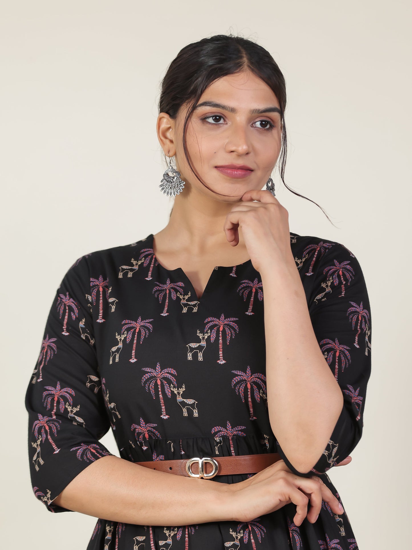 Soft Cotton Animal Gathered Black Dress