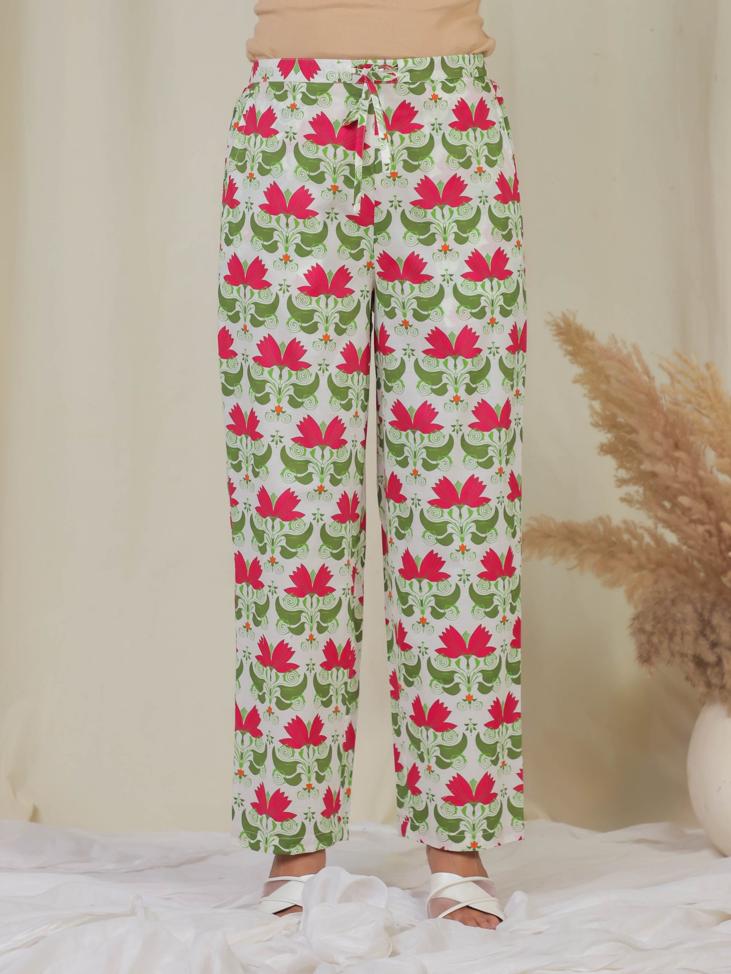 Soft Cotton Floral Off White Straight Trousers
