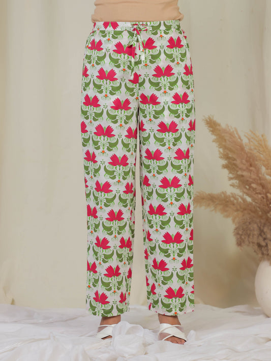 Soft Cotton Floral Off White Straight Trousers