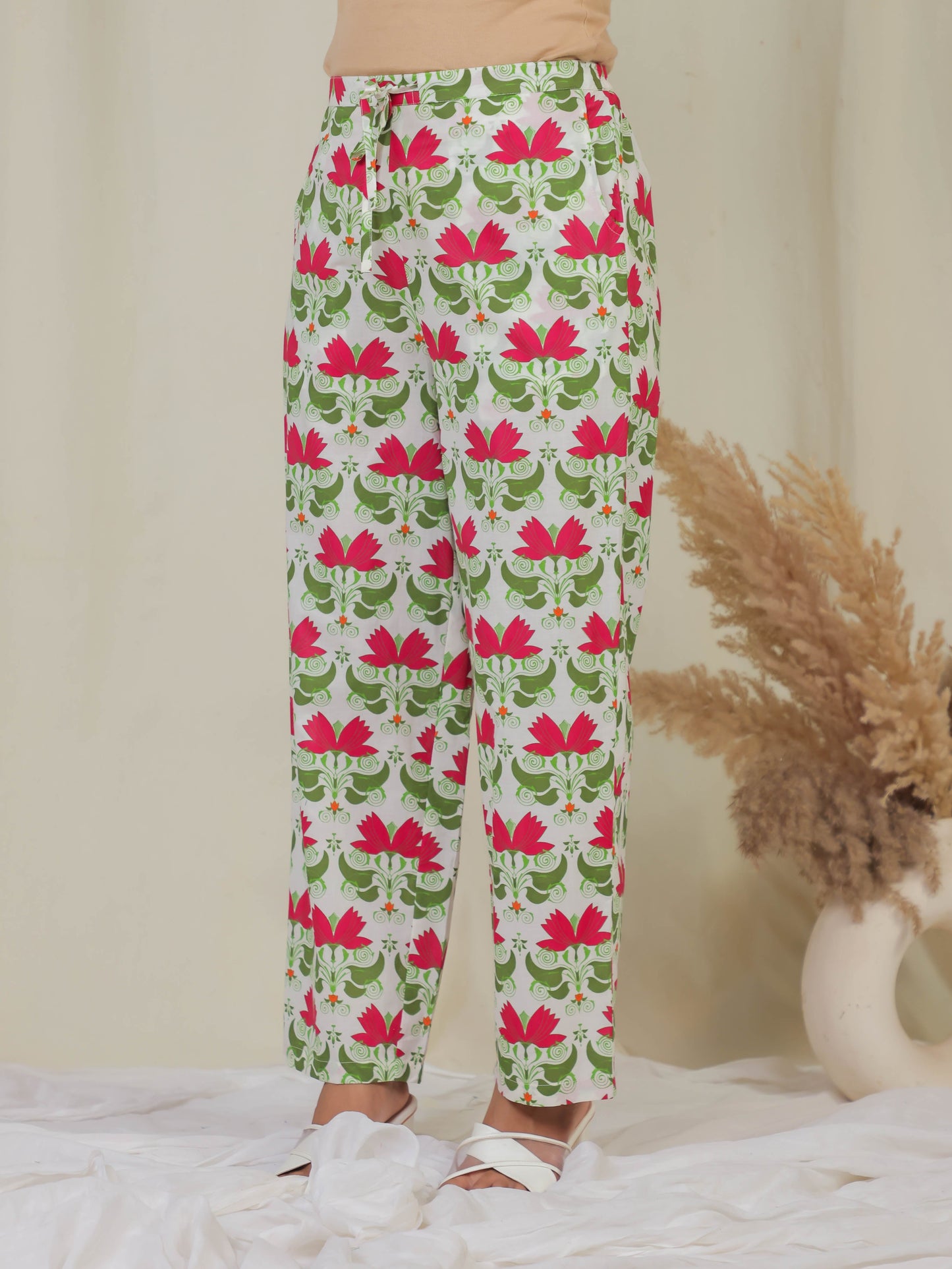 Soft Cotton Floral Off White Straight Trousers
