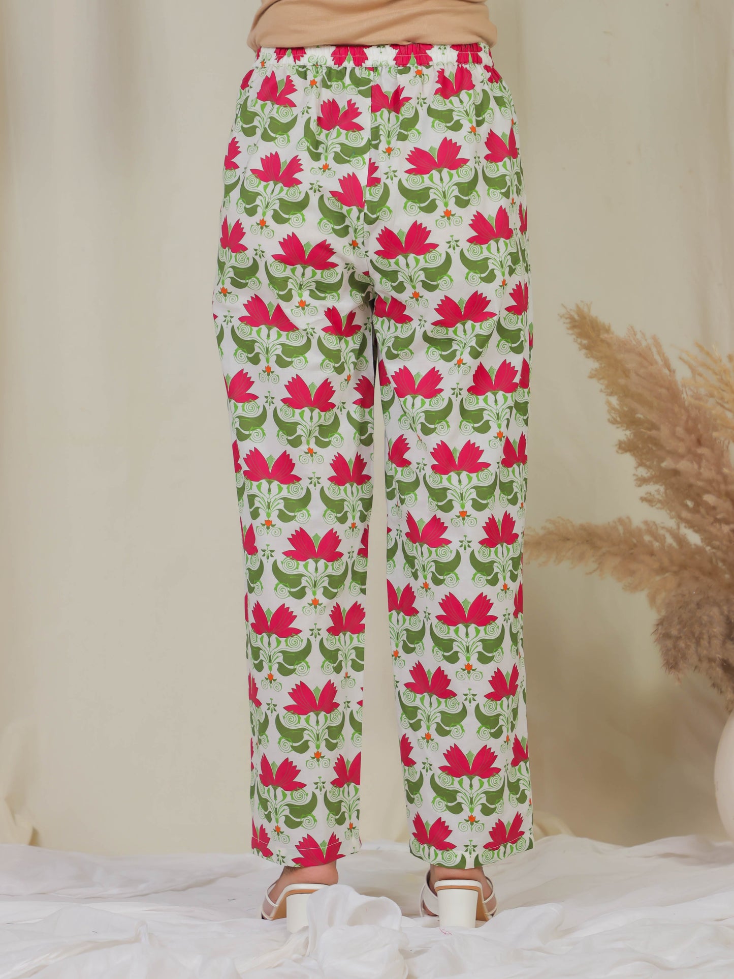 Soft Cotton Floral Off White Straight Trousers