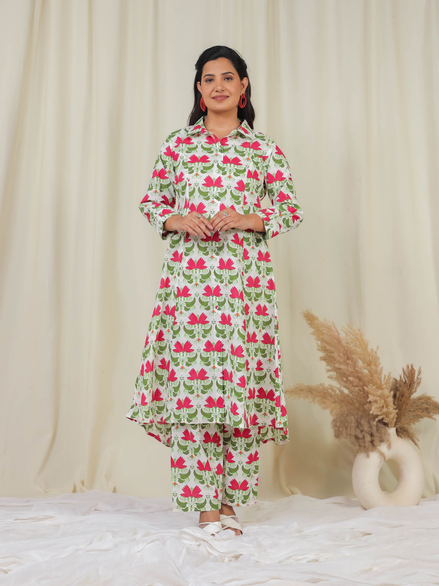 Soft Cotton Floral High Low Off White Kurta