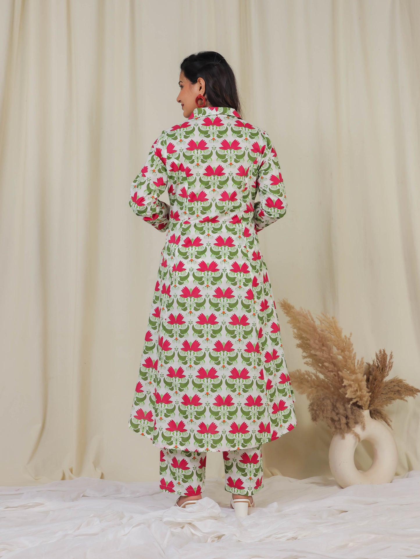 Soft Cotton Floral High Low Off White Kurta