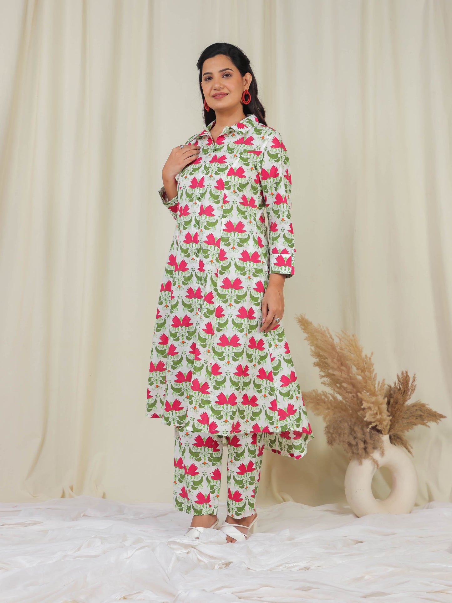 Soft Cotton Floral High Low Off White Kurta
