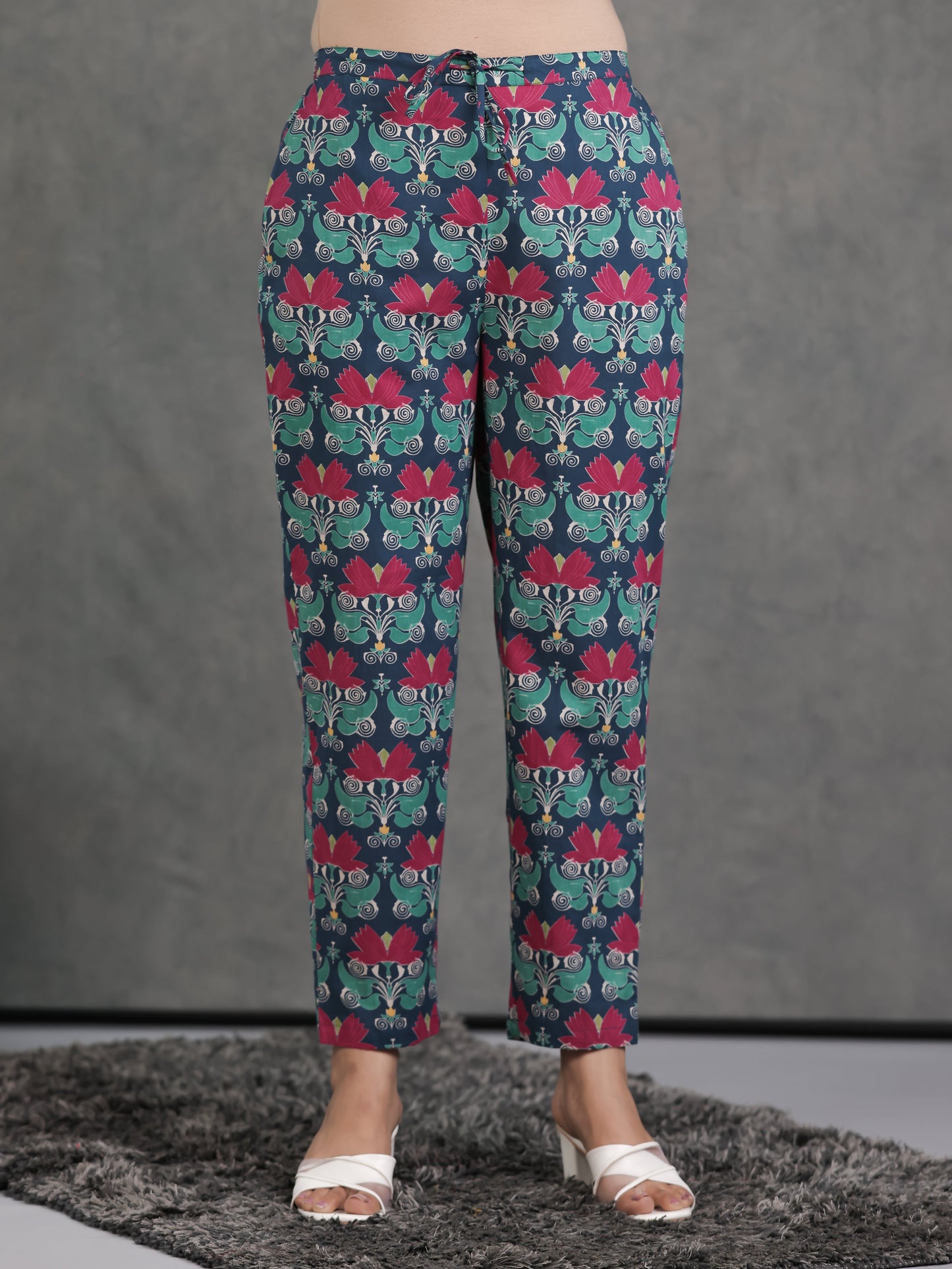Soft Cotton Geometric Blue Tapered Trousers