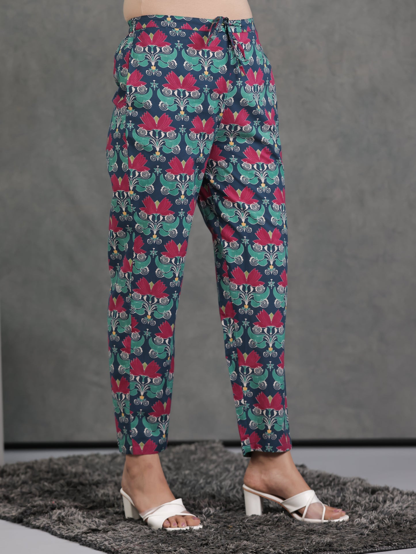 Soft Cotton Geometric Blue Tapered Trousers