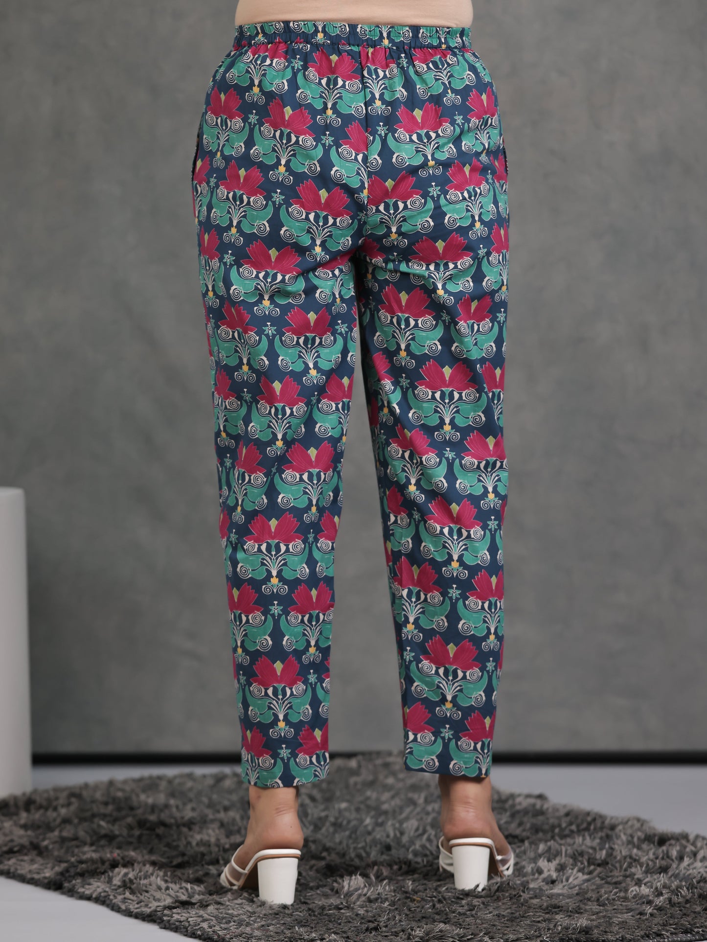 Soft Cotton Geometric Blue Tapered Trousers