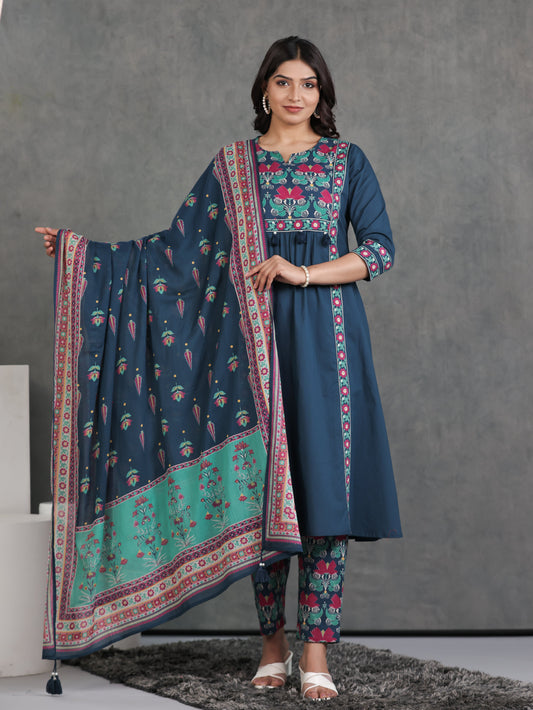 Cotton Voile Floral Blue Dupatta