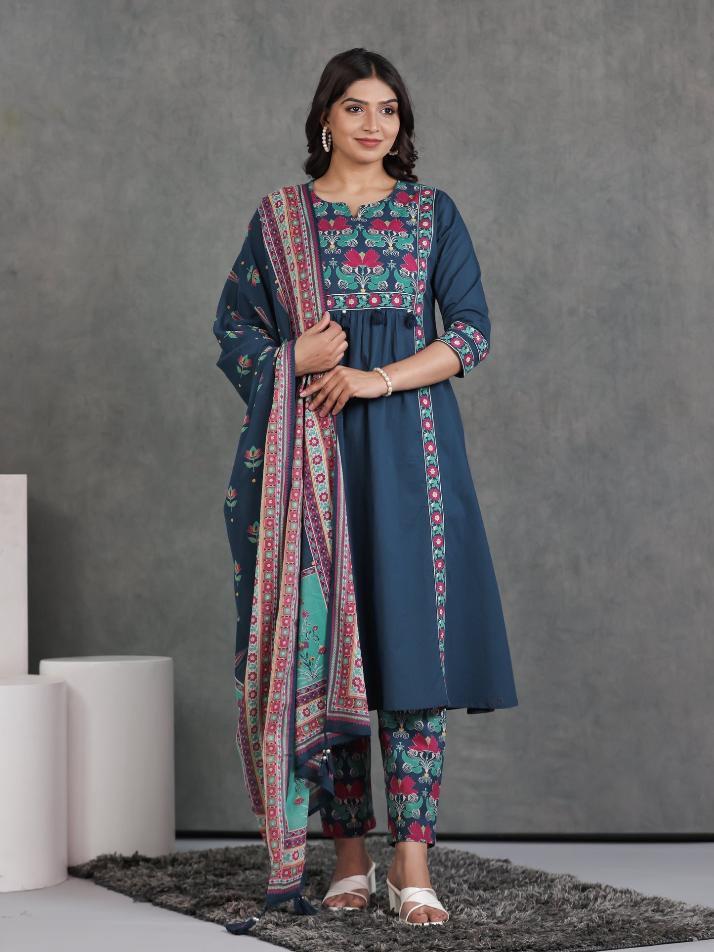 Cotton Voile Floral Blue Dupatta