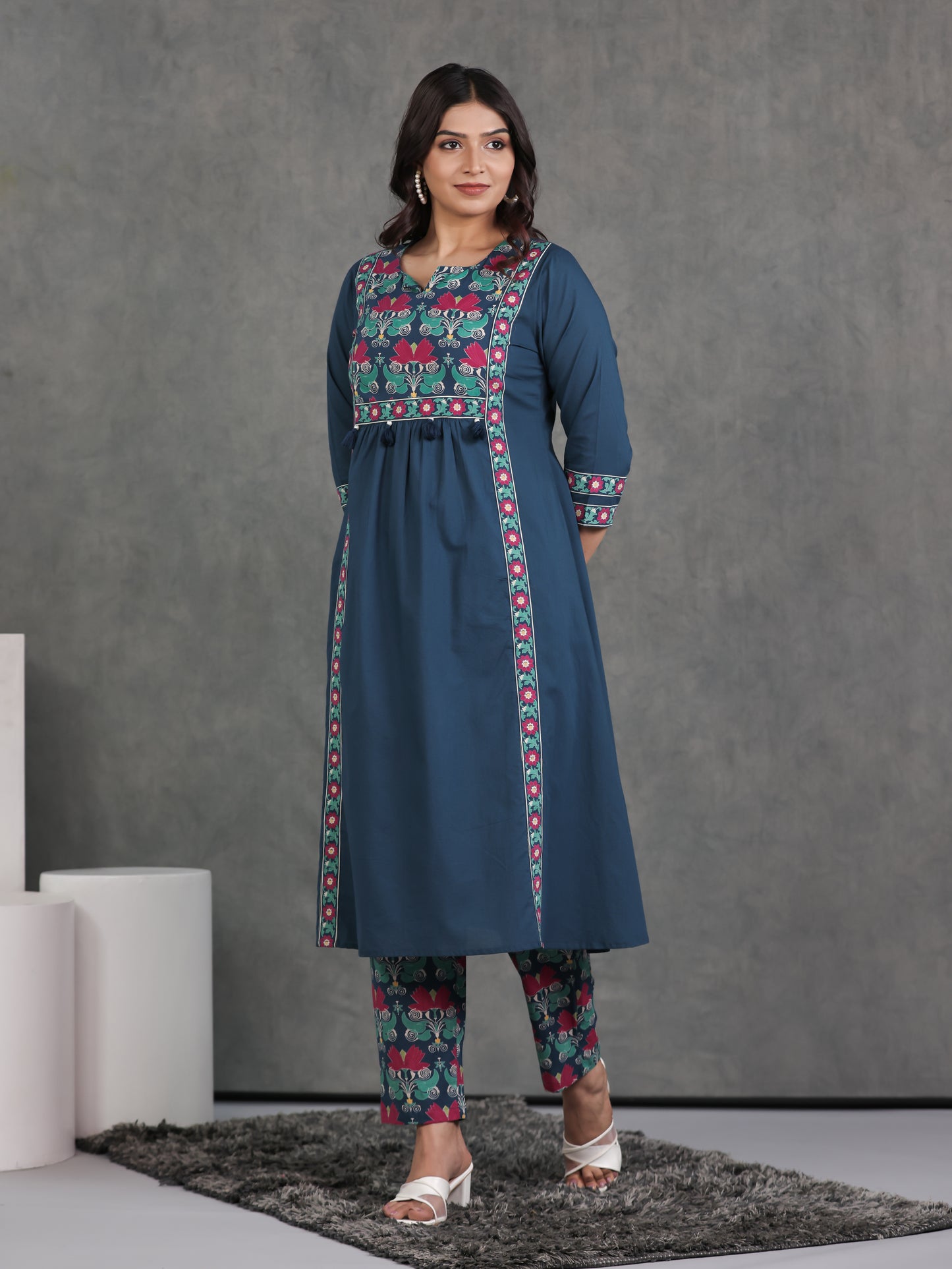 Soft Cotton Solid Flared Blue Kurta