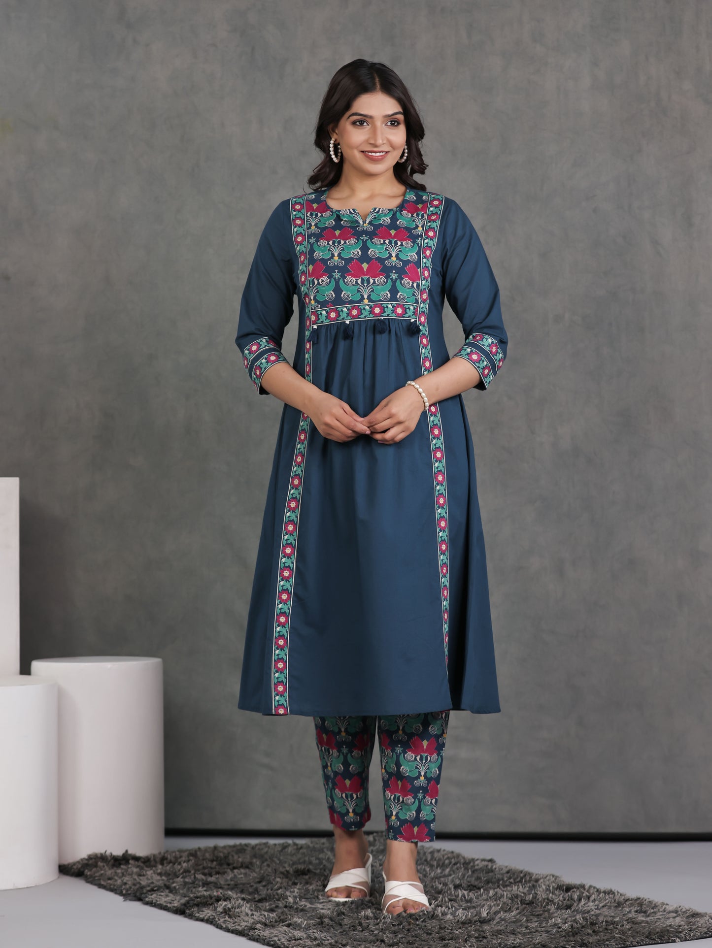 Soft Cotton Solid Flared Blue Kurta