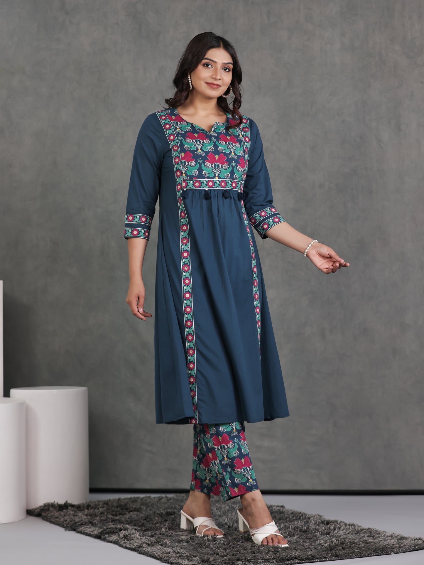 Soft Cotton Solid Flared Blue Kurta