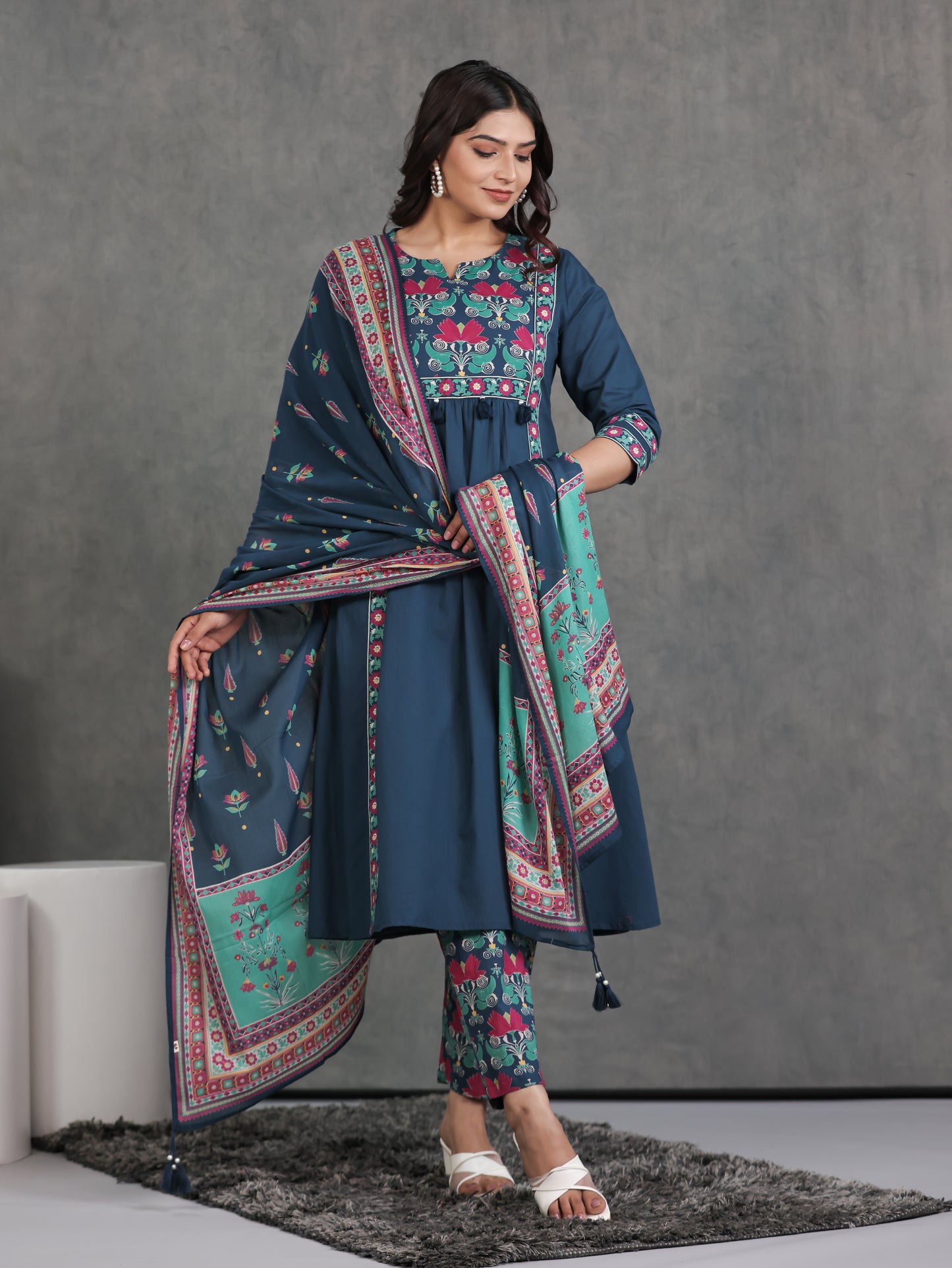 Soft Cotton Solid Flared Blue Kurta