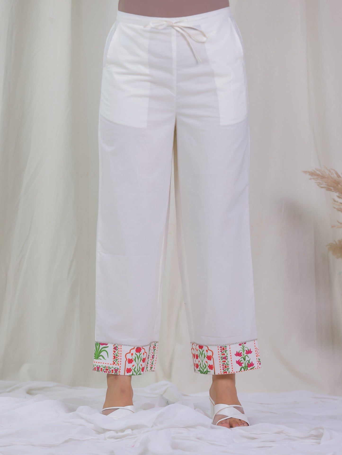 Soft Cotton Solid Off White Straight Straight Trousers