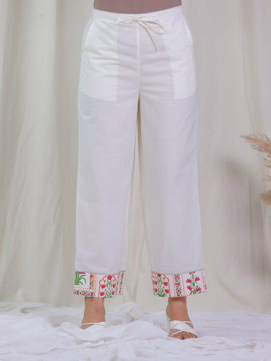 Soft Cotton Solid Off White Straight Straight Trousers