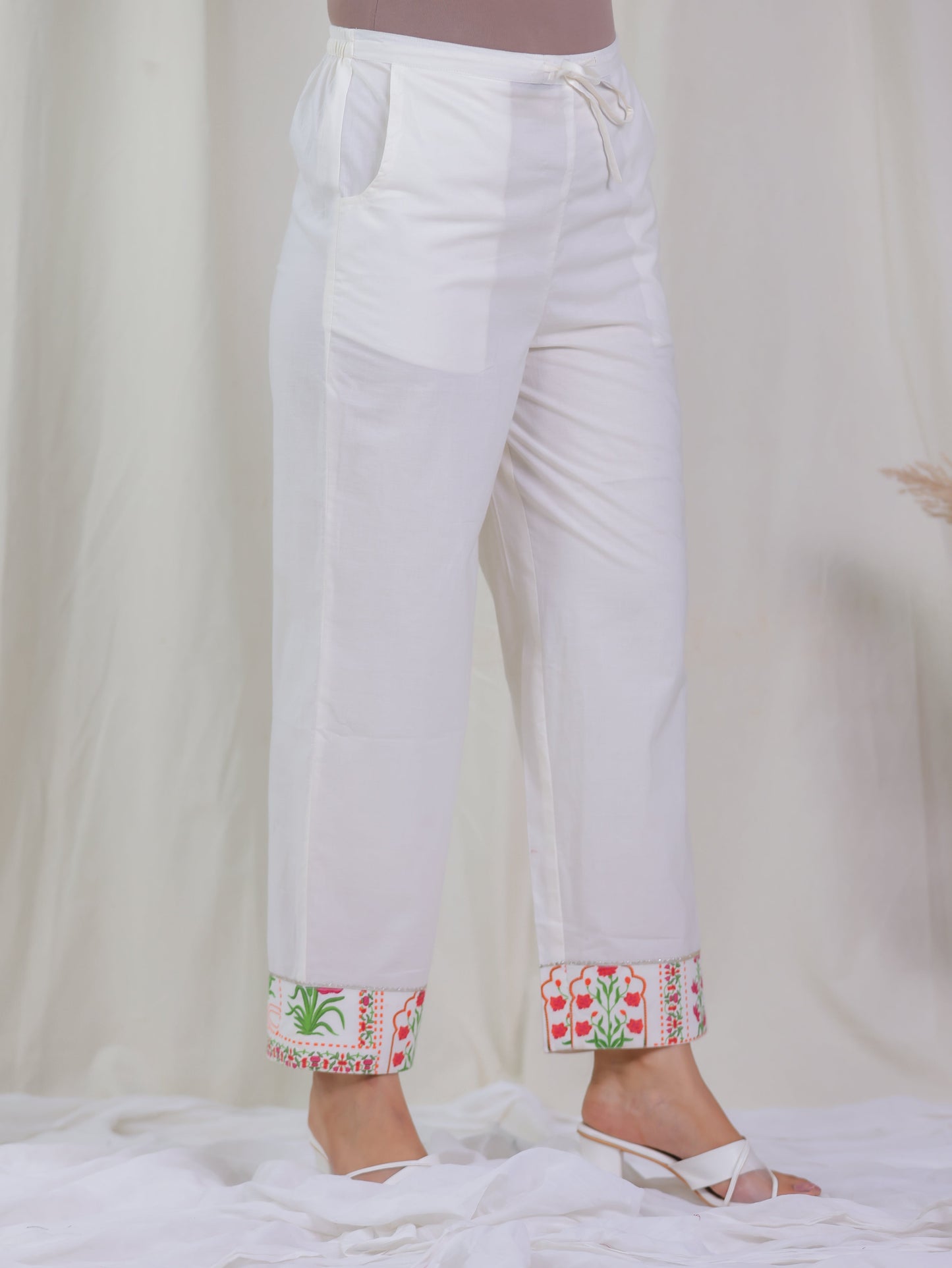 Soft Cotton Solid Off White Straight Straight Trousers