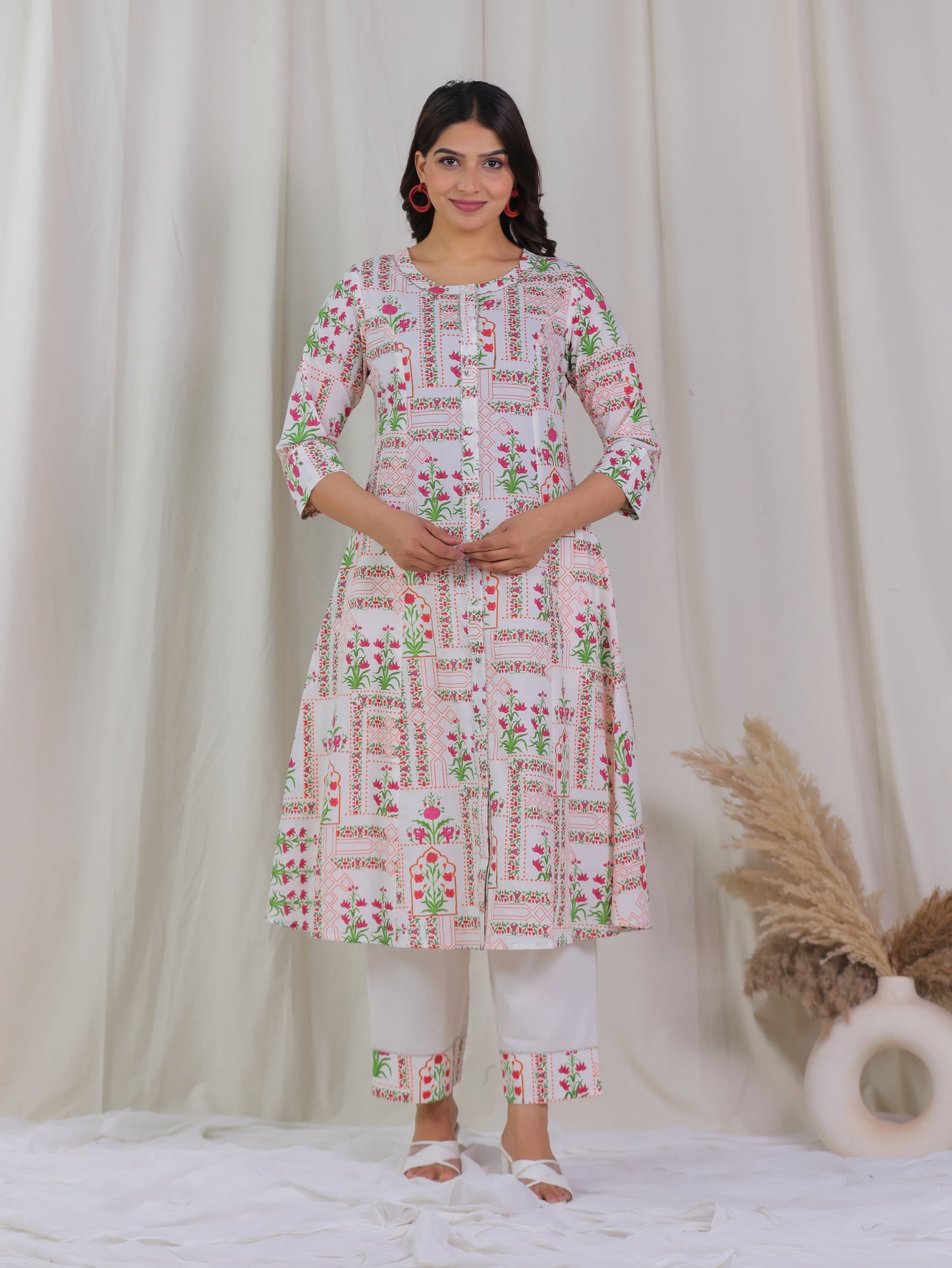Soft Cotton Floral Flared Off White Kurta