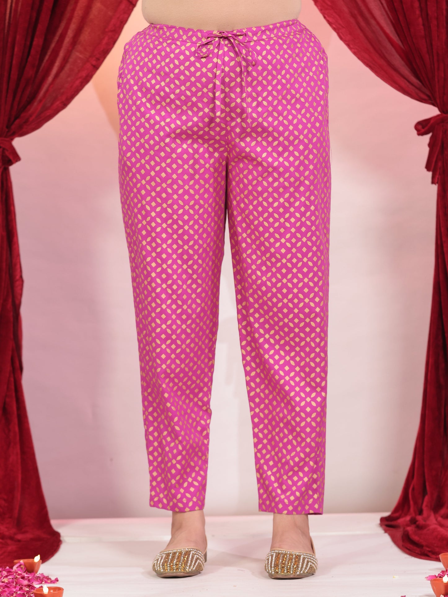 Viscose Gold foil Pink Tapered Tapered Trousers