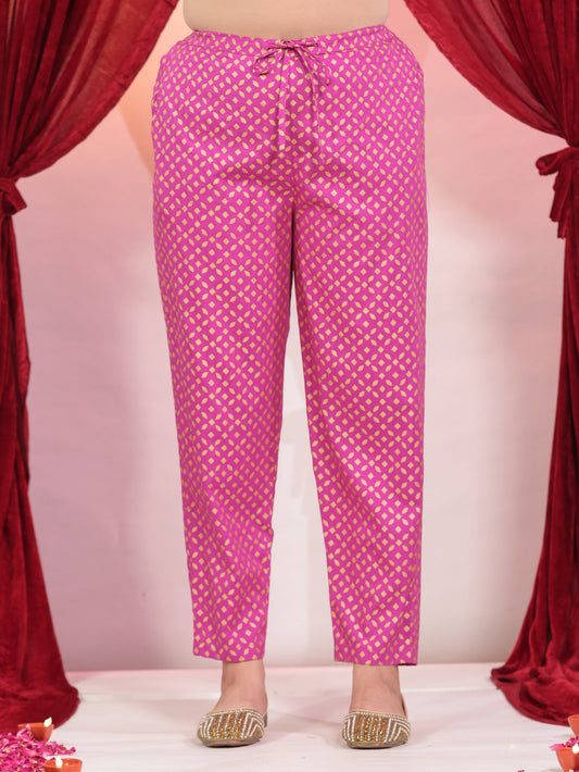 Viscose Gold foil Pink Tapered Tapered Trousers