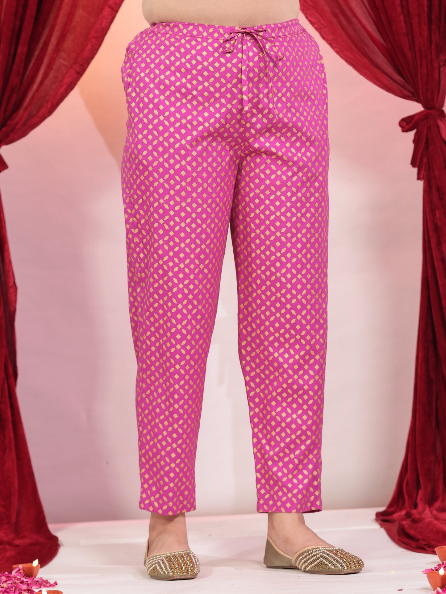 Viscose Gold foil Pink Tapered Tapered Trousers