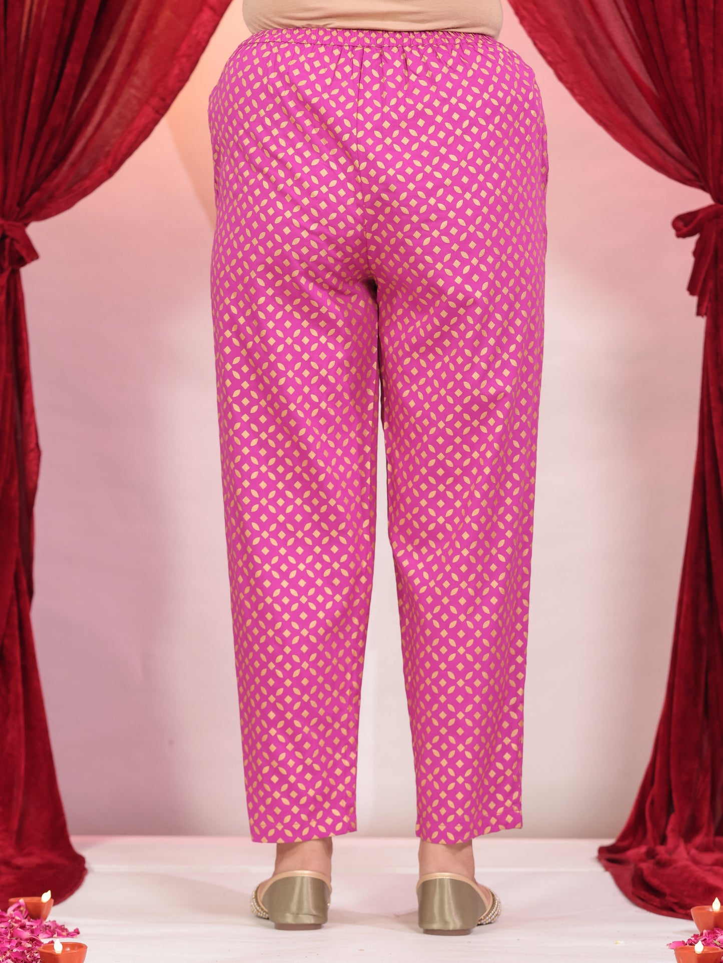 Viscose Gold foil Pink Tapered Tapered Trousers