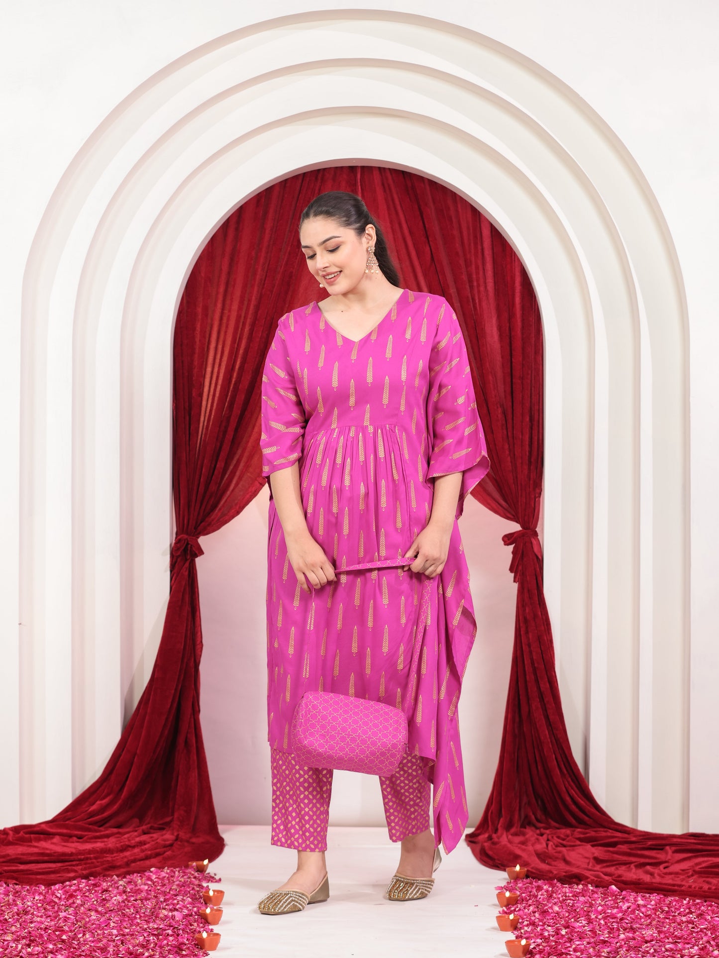 Viscose Gold foil Kaftan Pink Kurta