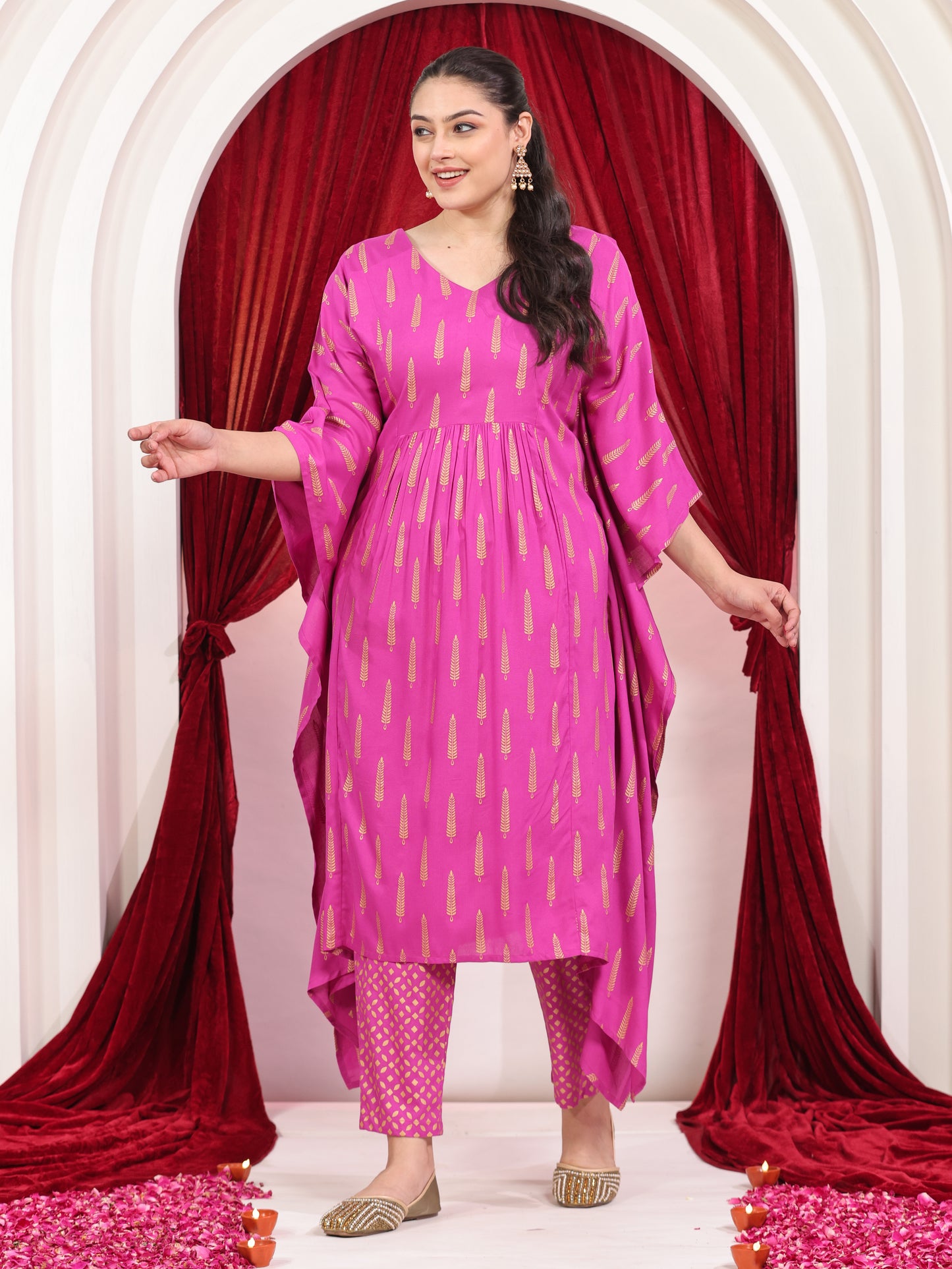Viscose Gold foil Kaftan Pink Kurta