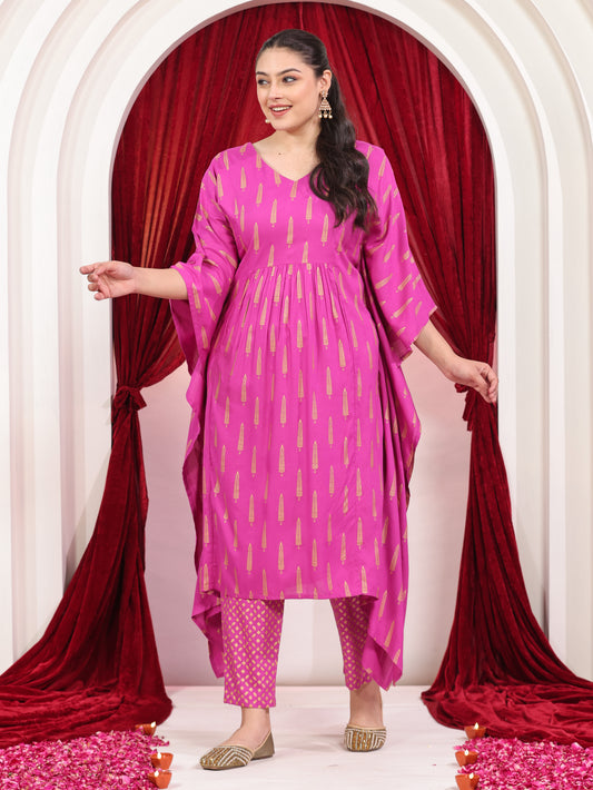 Viscose Gold foil Kaftan Pink Kurta