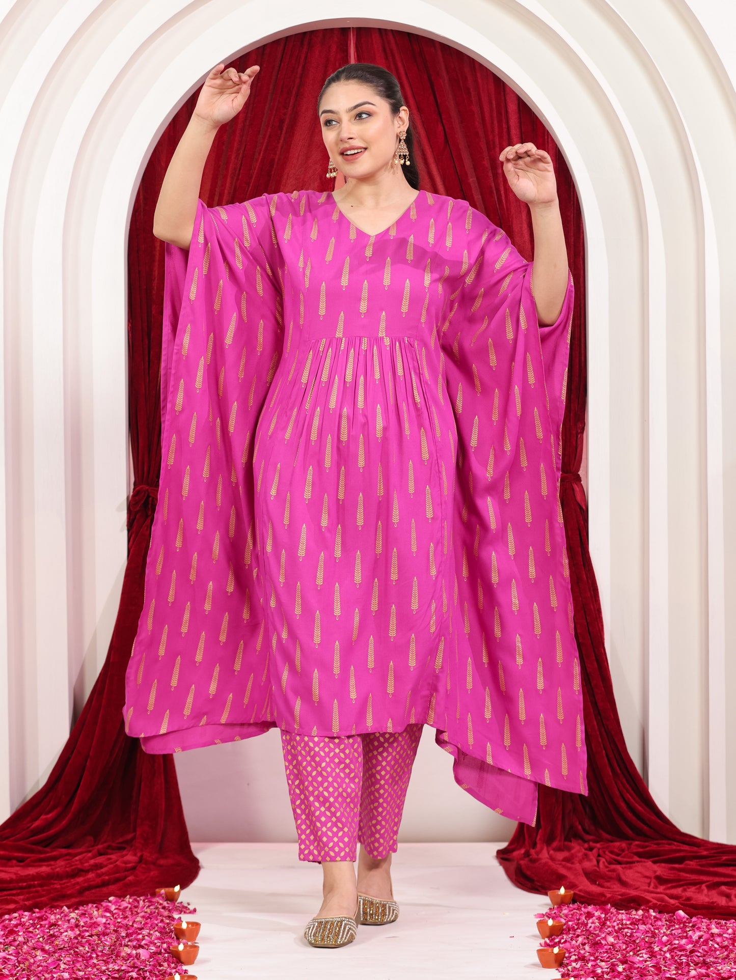 Viscose Gold foil Kaftan Pink Kurta