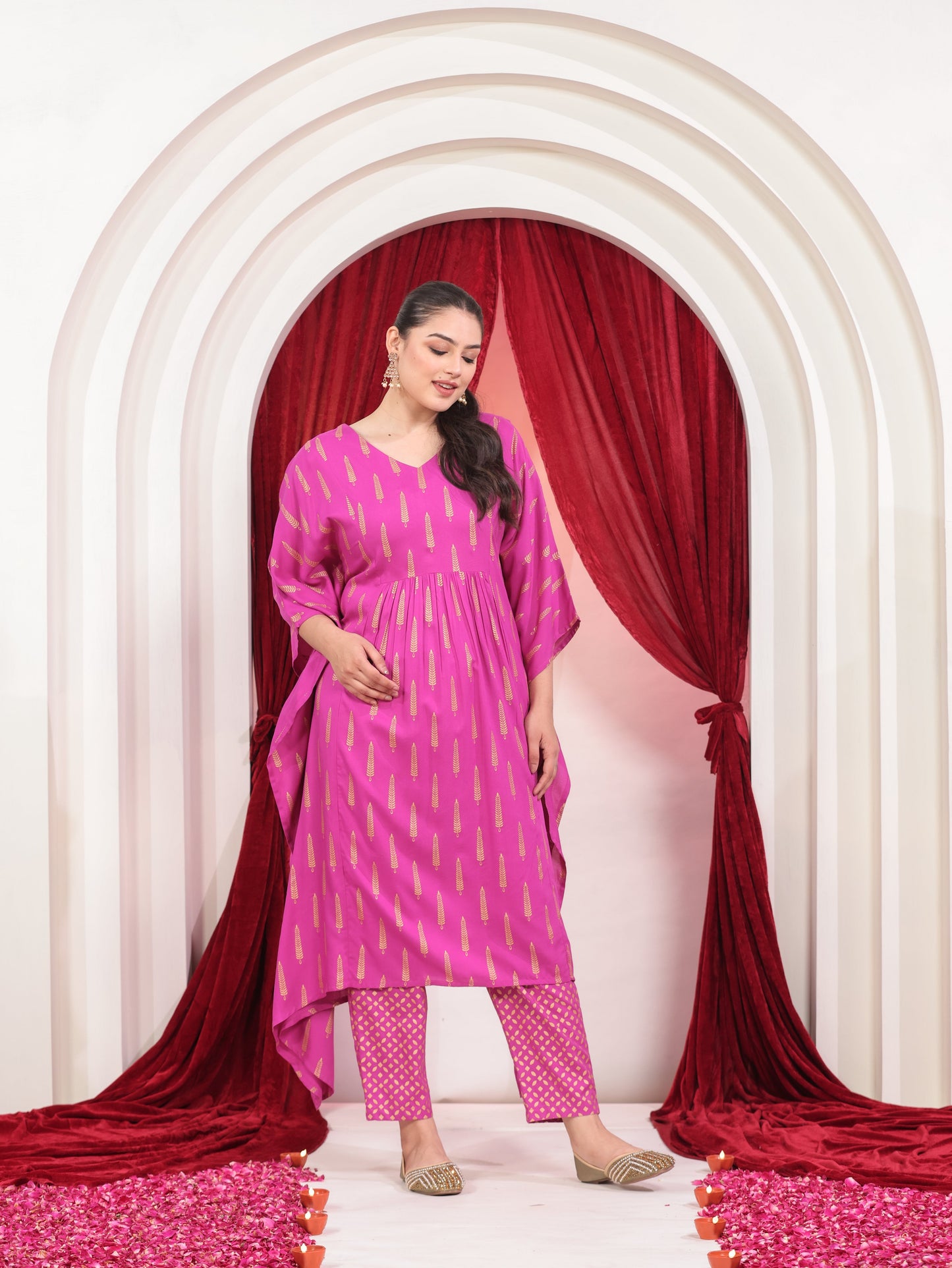 Viscose Gold foil Kaftan Pink Kurta