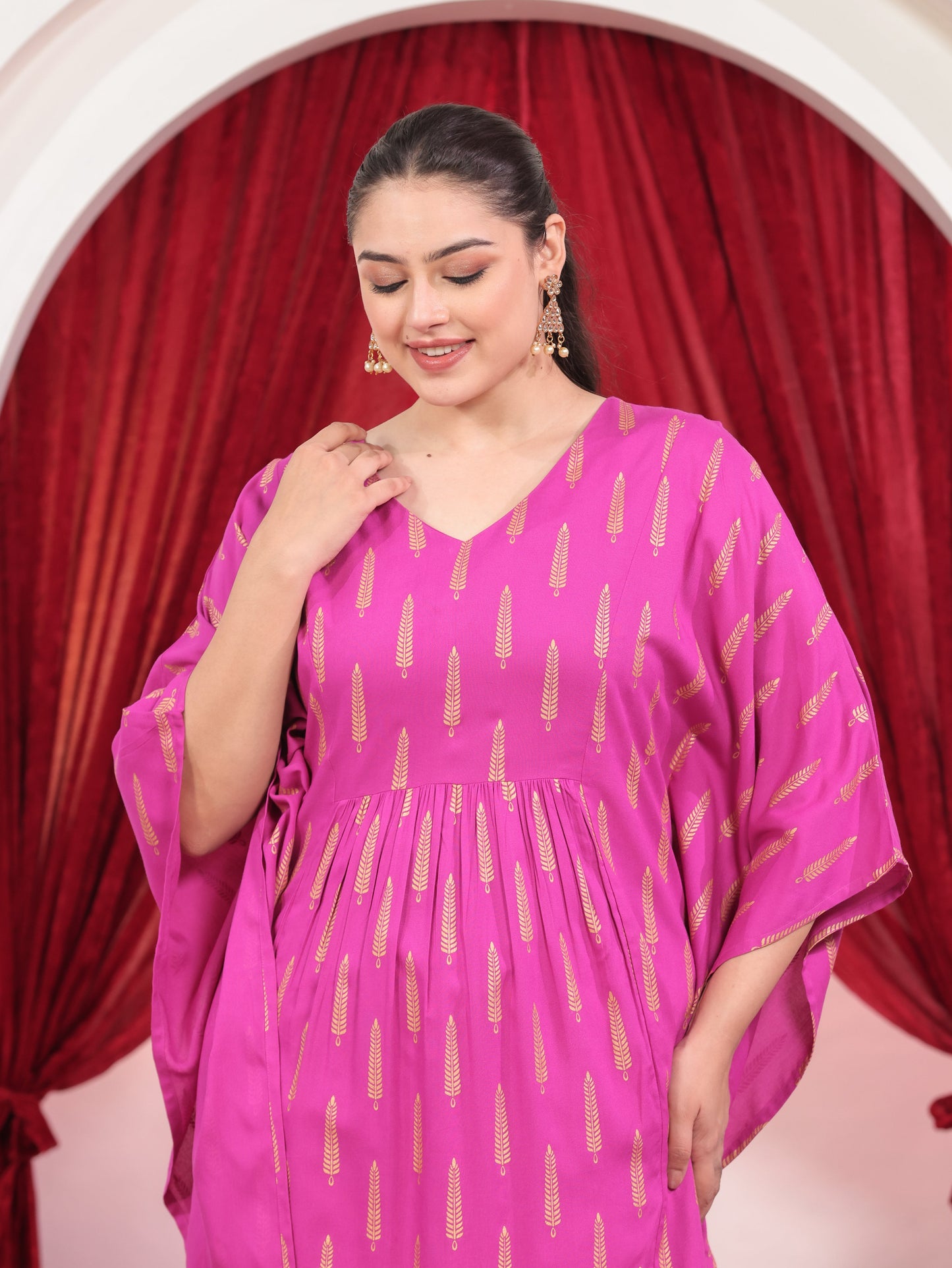 Viscose Gold foil Kaftan Pink Kurta