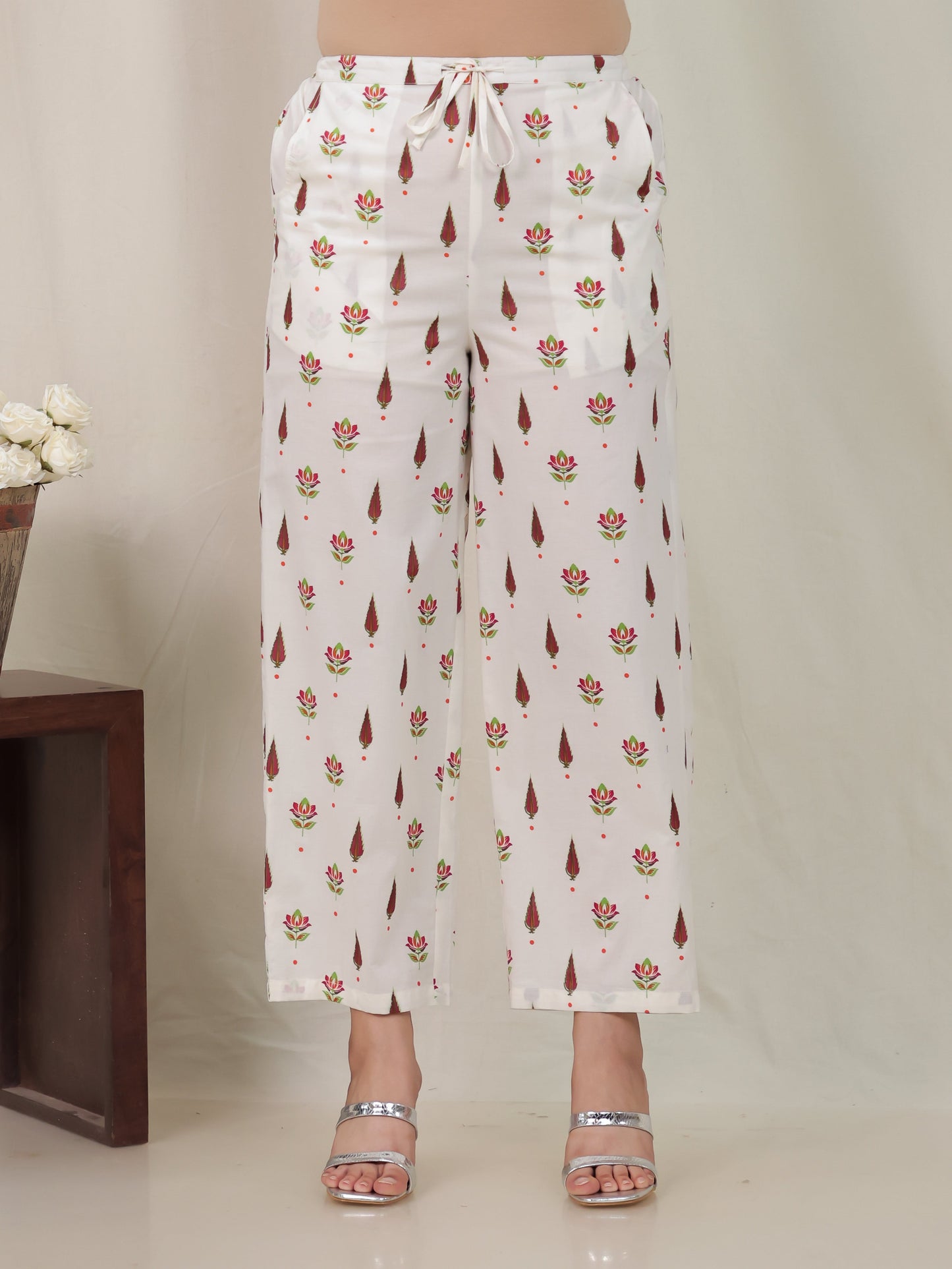 Soft Cotton Floral Off White Straight Straight Trousers