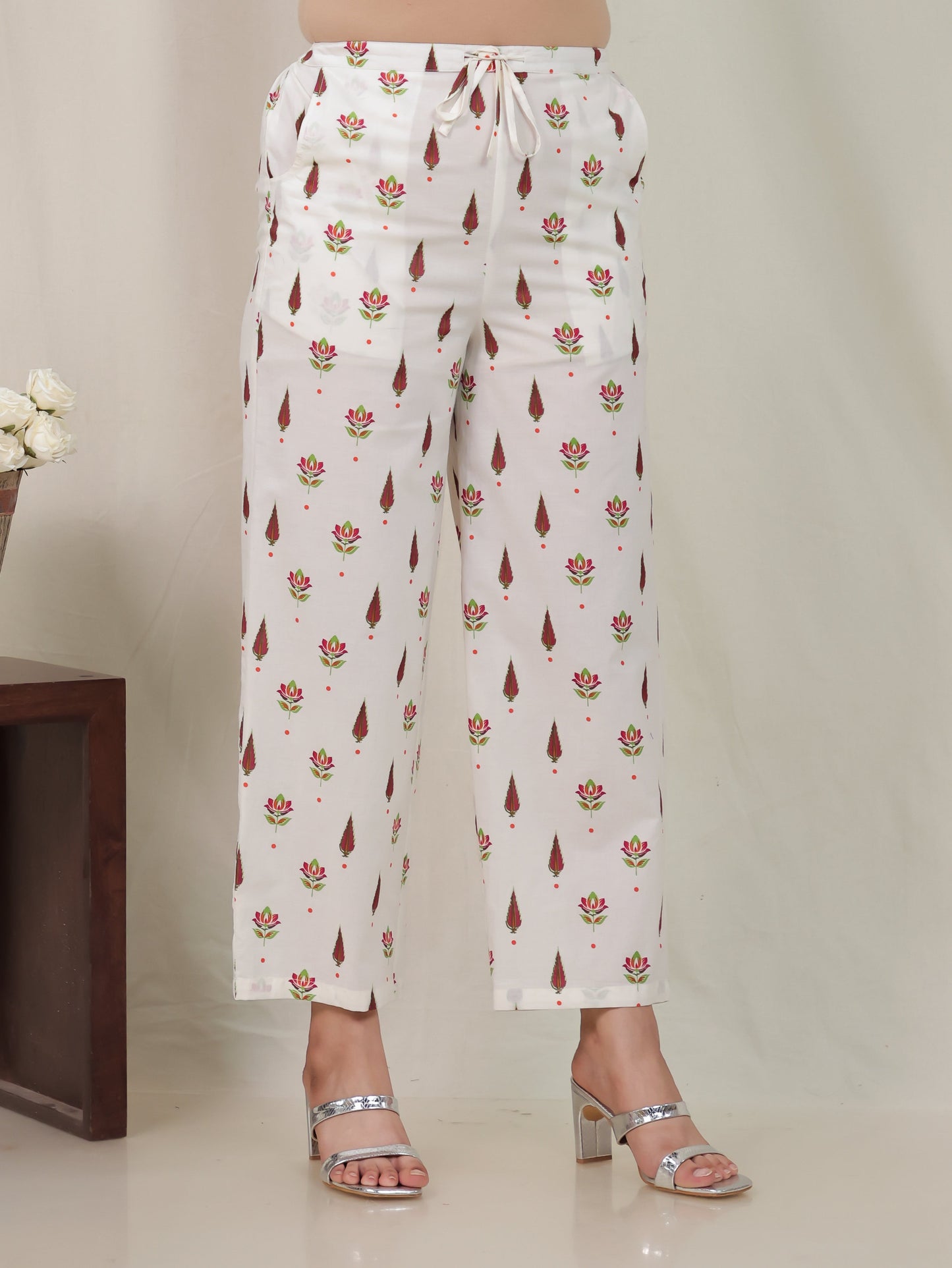Soft Cotton Floral Off White Straight Straight Trousers