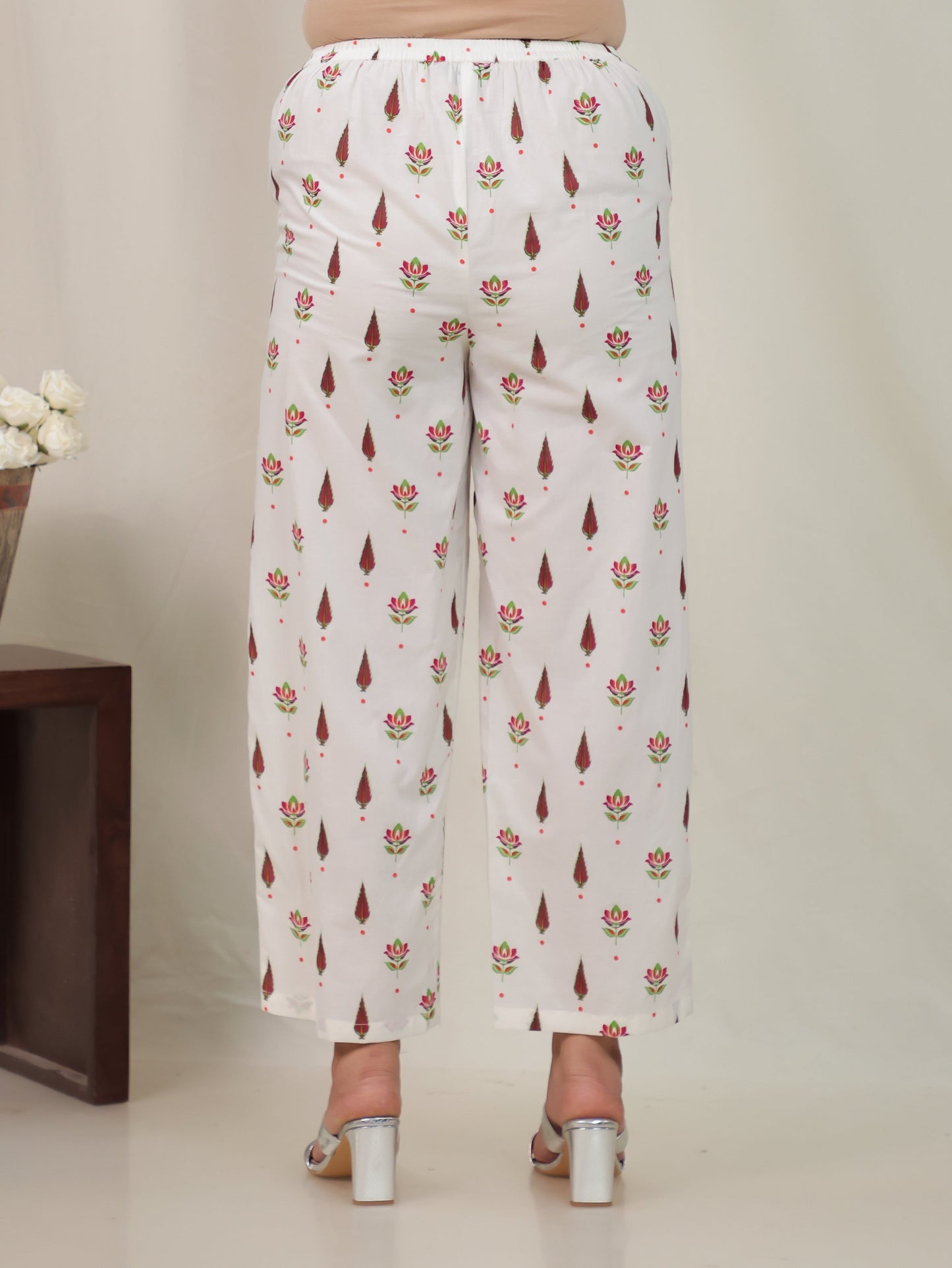 Soft Cotton Floral Off White Straight Straight Trousers