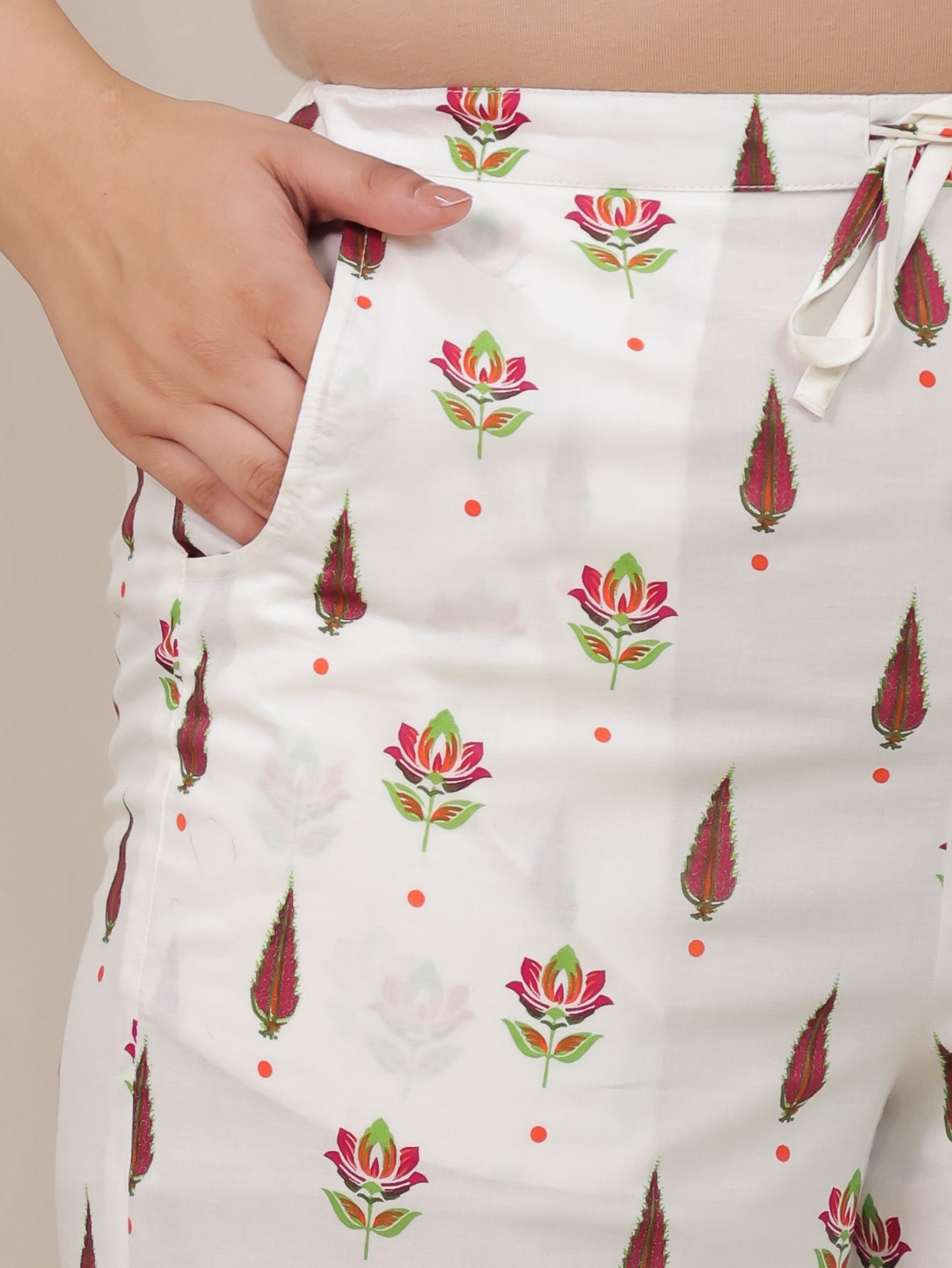 Soft Cotton Floral Off White Straight Straight Trousers