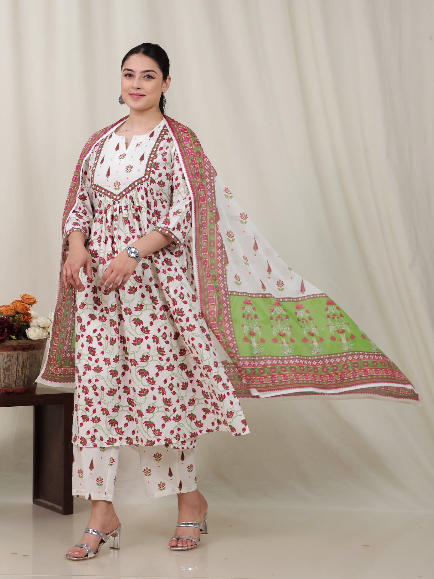 Cotton Voile Floral Off White Dupatta