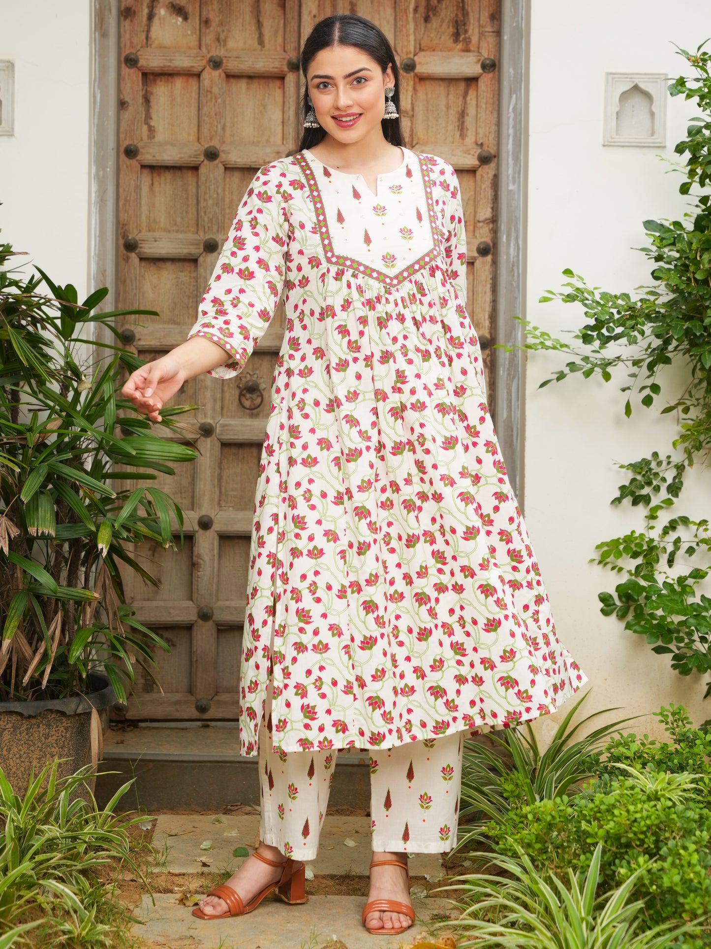 Soft Cotton Floral Flared Off White Kurta
