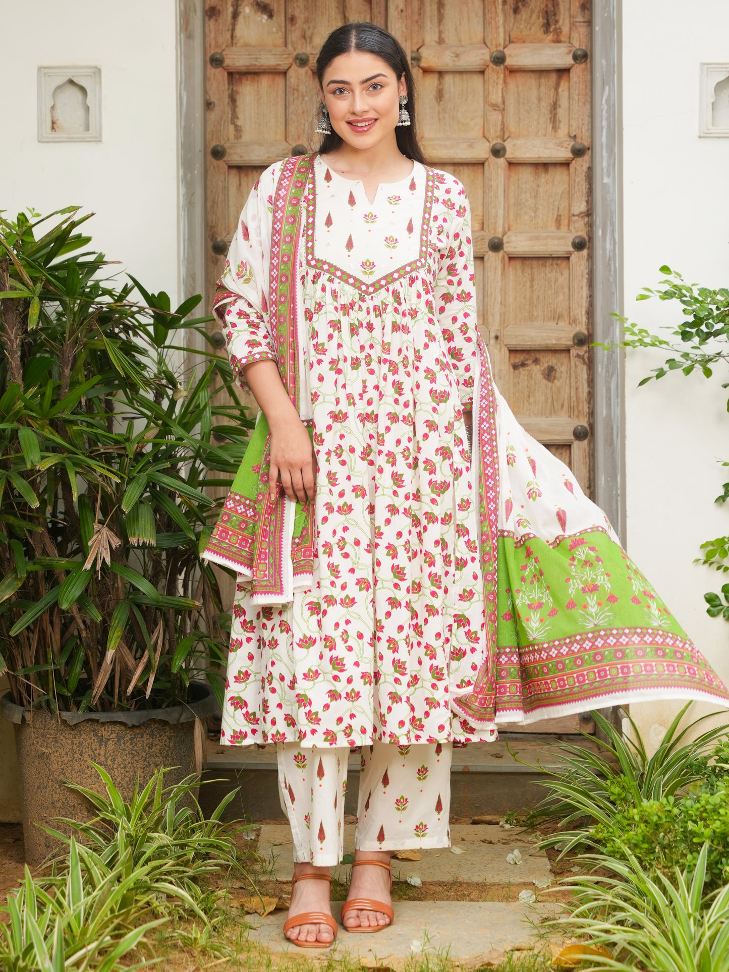 Soft Cotton Floral Flared Off White Kurta