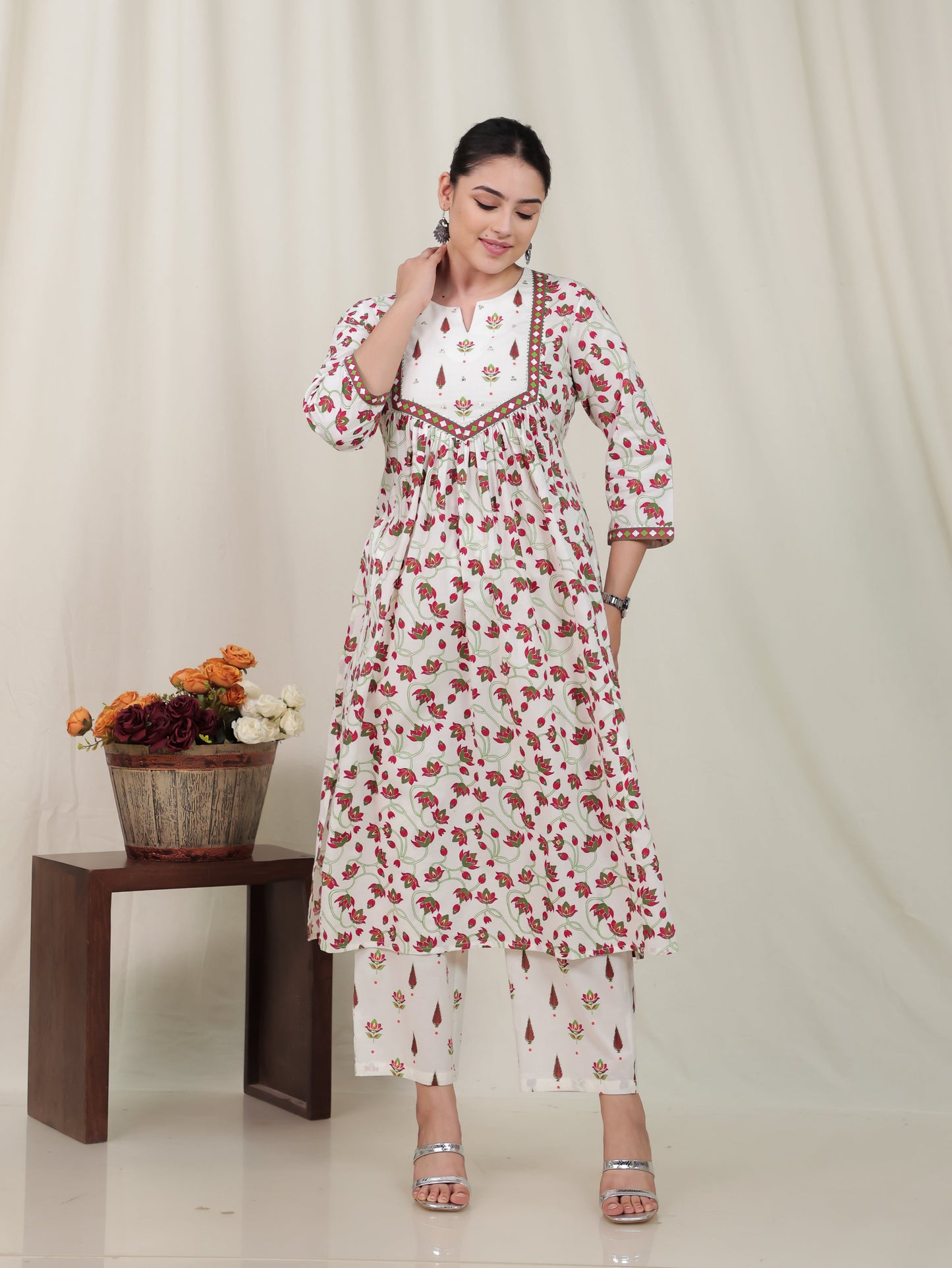 Soft Cotton Floral Flared Off White Kurta