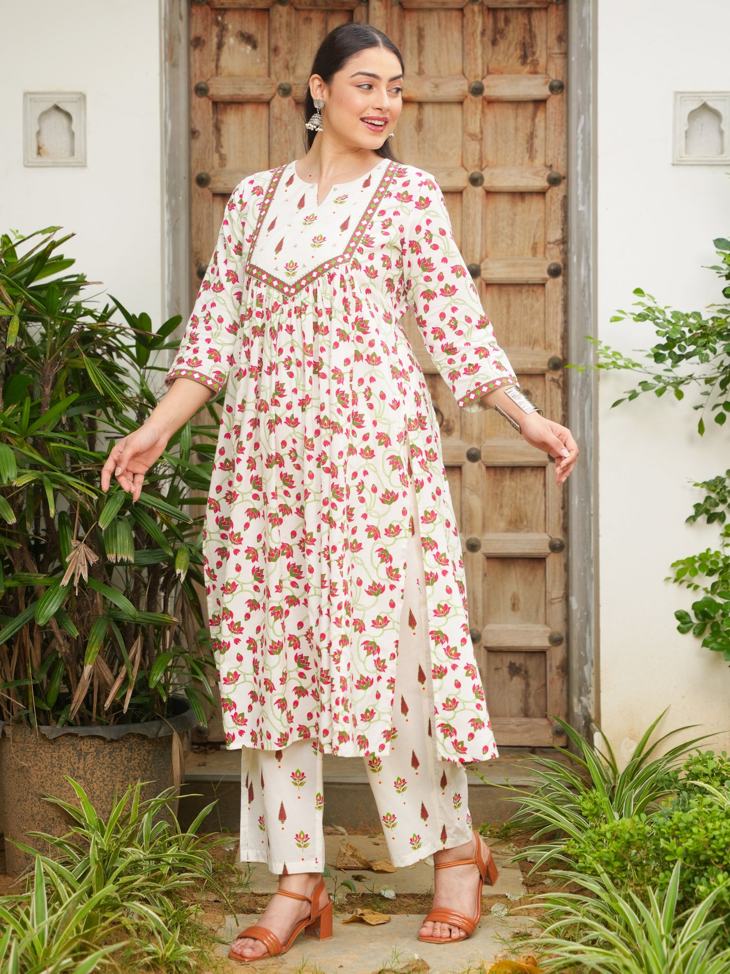 Soft Cotton Floral Flared Off White Kurta