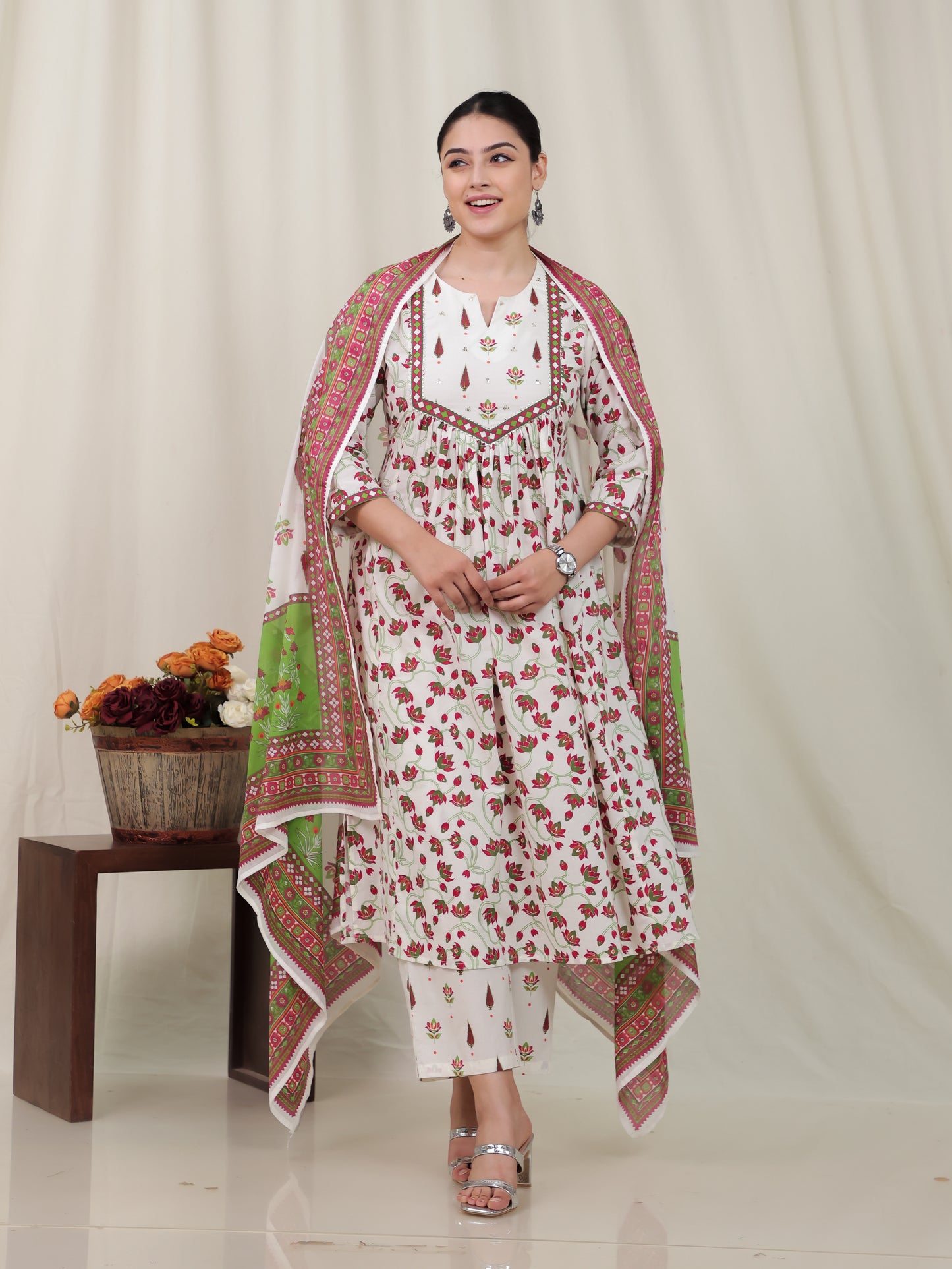 Soft Cotton Floral Flared Off White Kurta