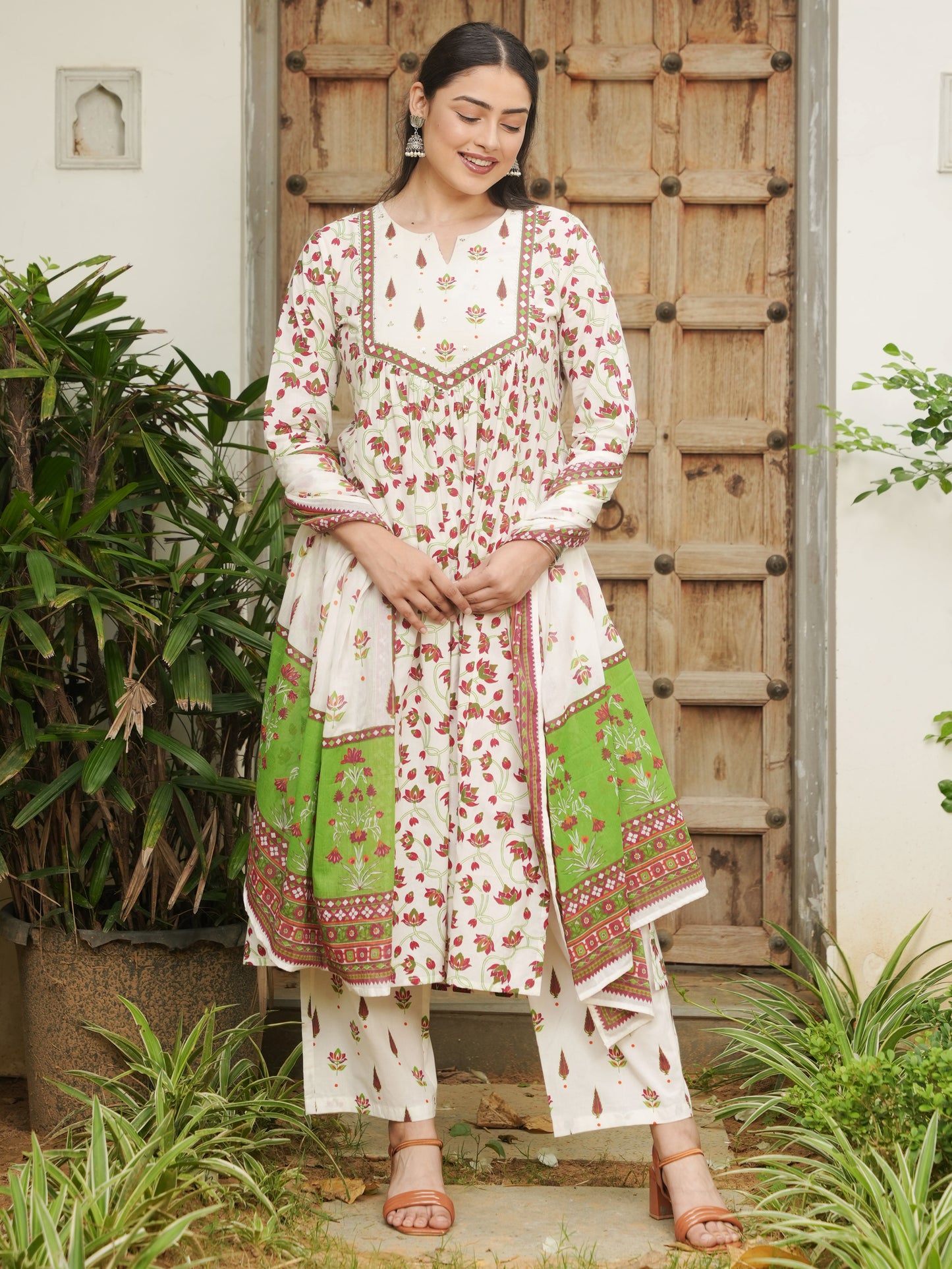 Soft Cotton Floral Flared Off White Kurta