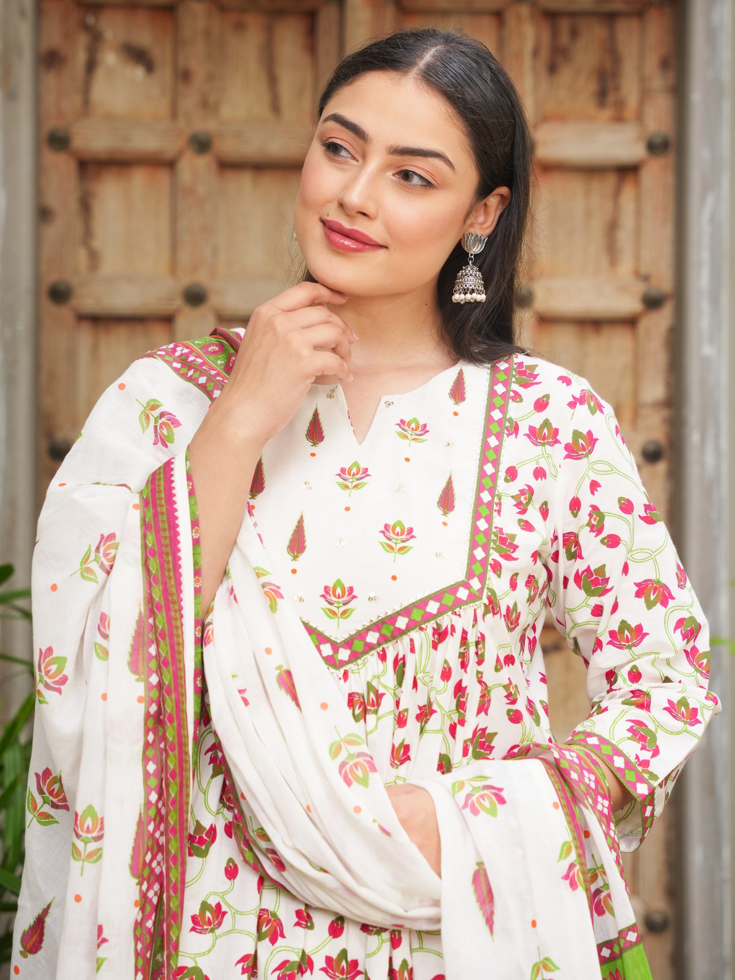 Soft Cotton Floral Flared Off White Kurta