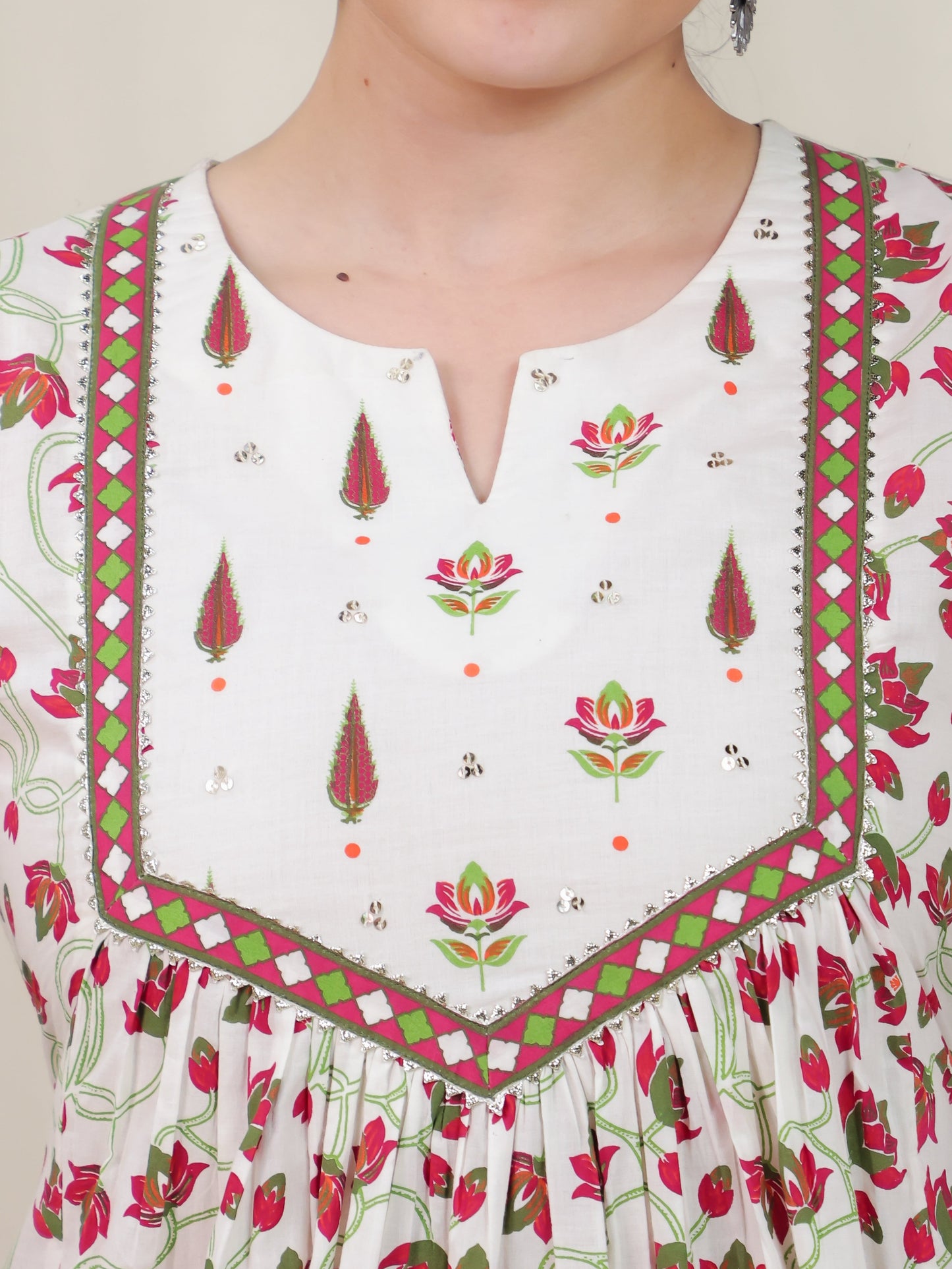 Soft Cotton Floral Flared Off White Kurta