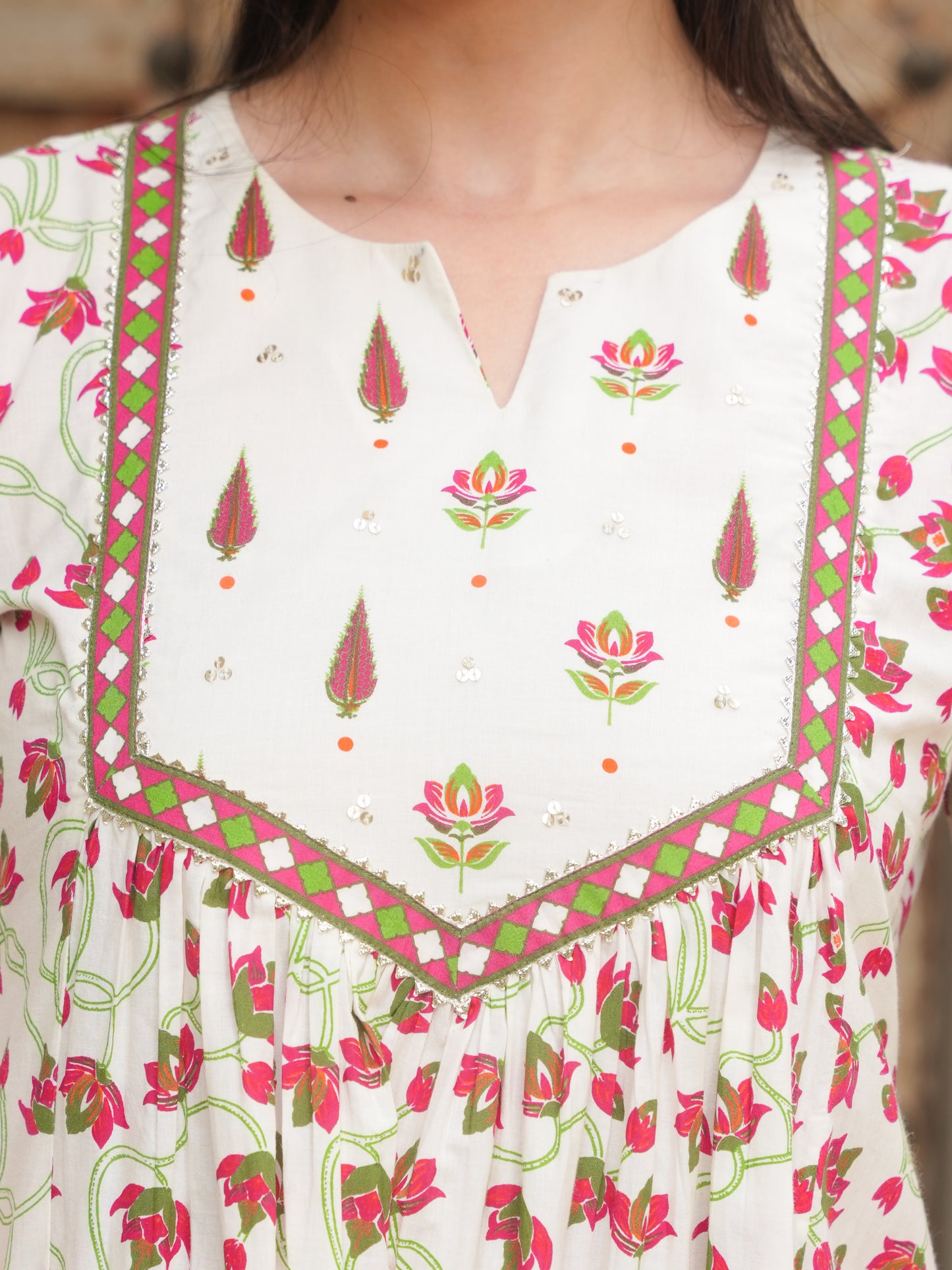 Soft Cotton Floral Flared Off White Kurta