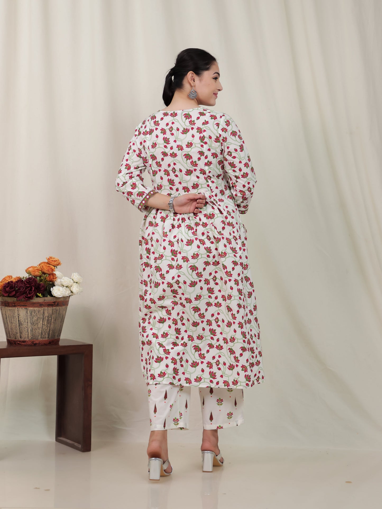Soft Cotton Floral Flared Off White Kurta