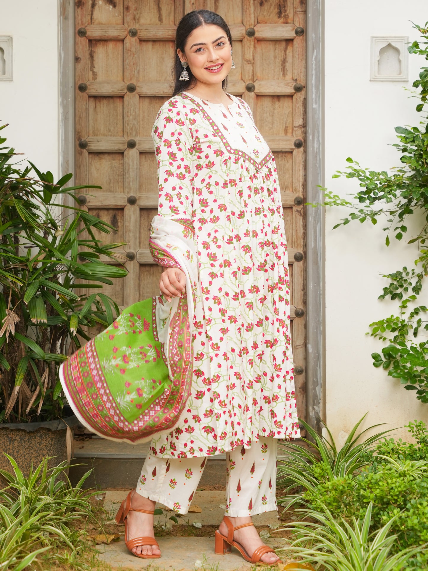 Soft Cotton Floral Flared Off White Kurta