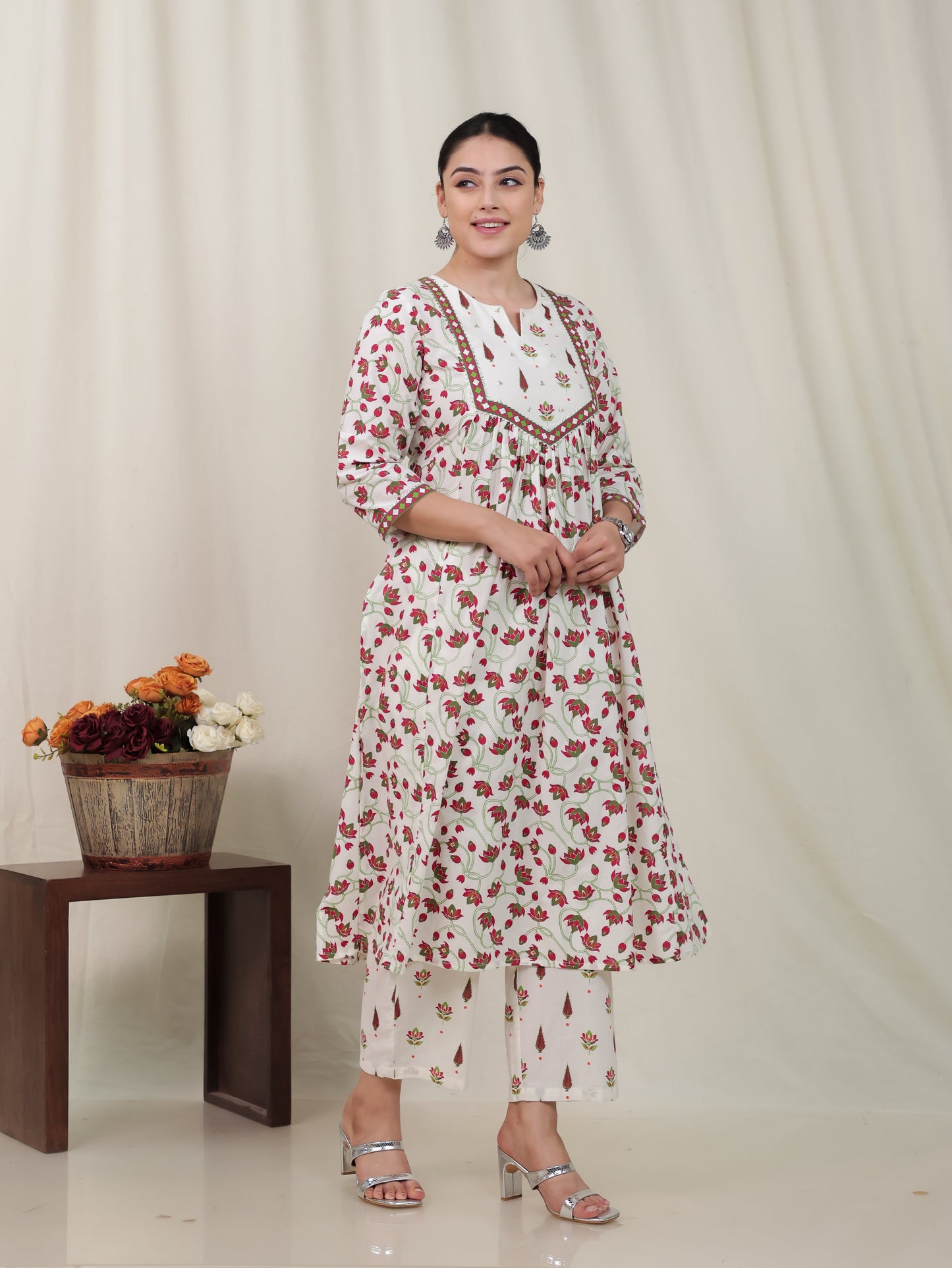 Soft Cotton Floral Flared Off White Kurta